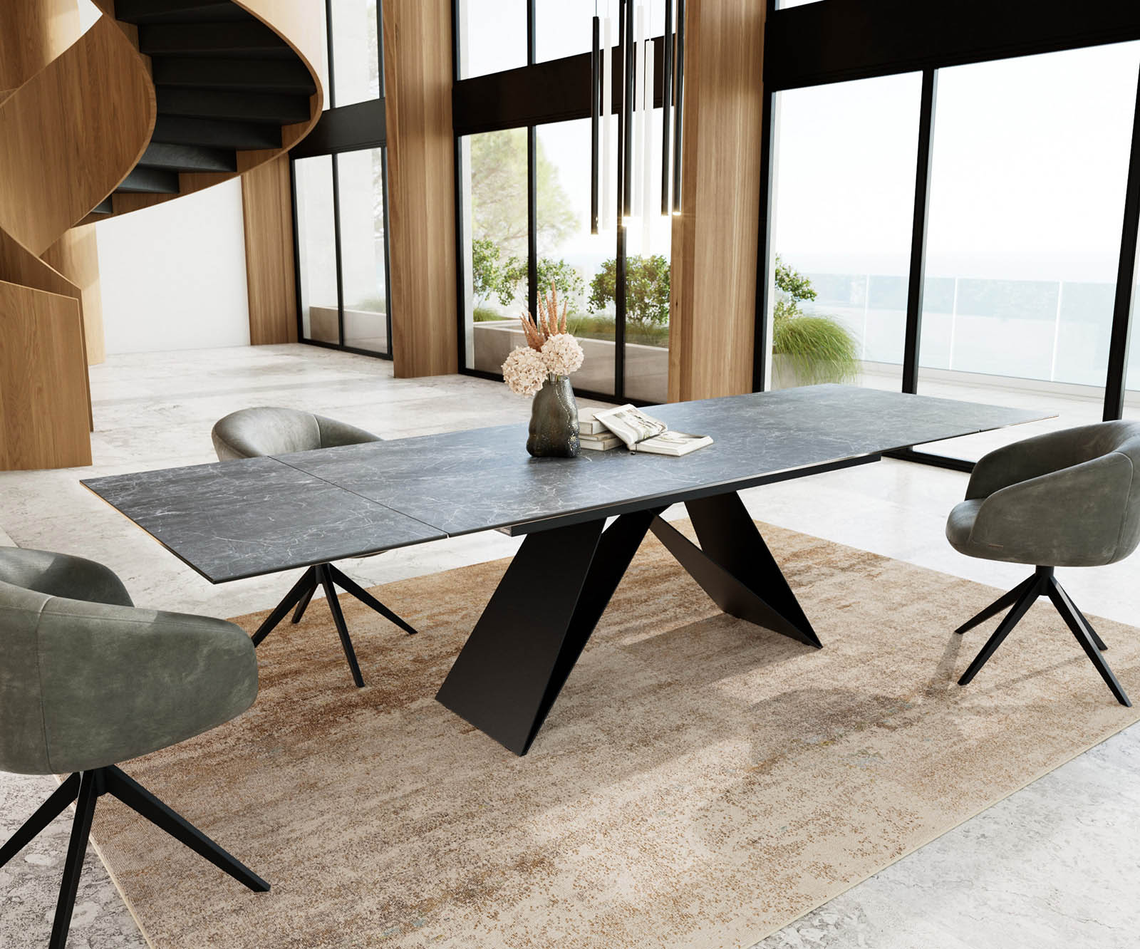 Маса 200-300x100 Keramik Laminam®Nero Greco Антрацит V-Рамка плоска стомана Черен разтегателна Edge 3