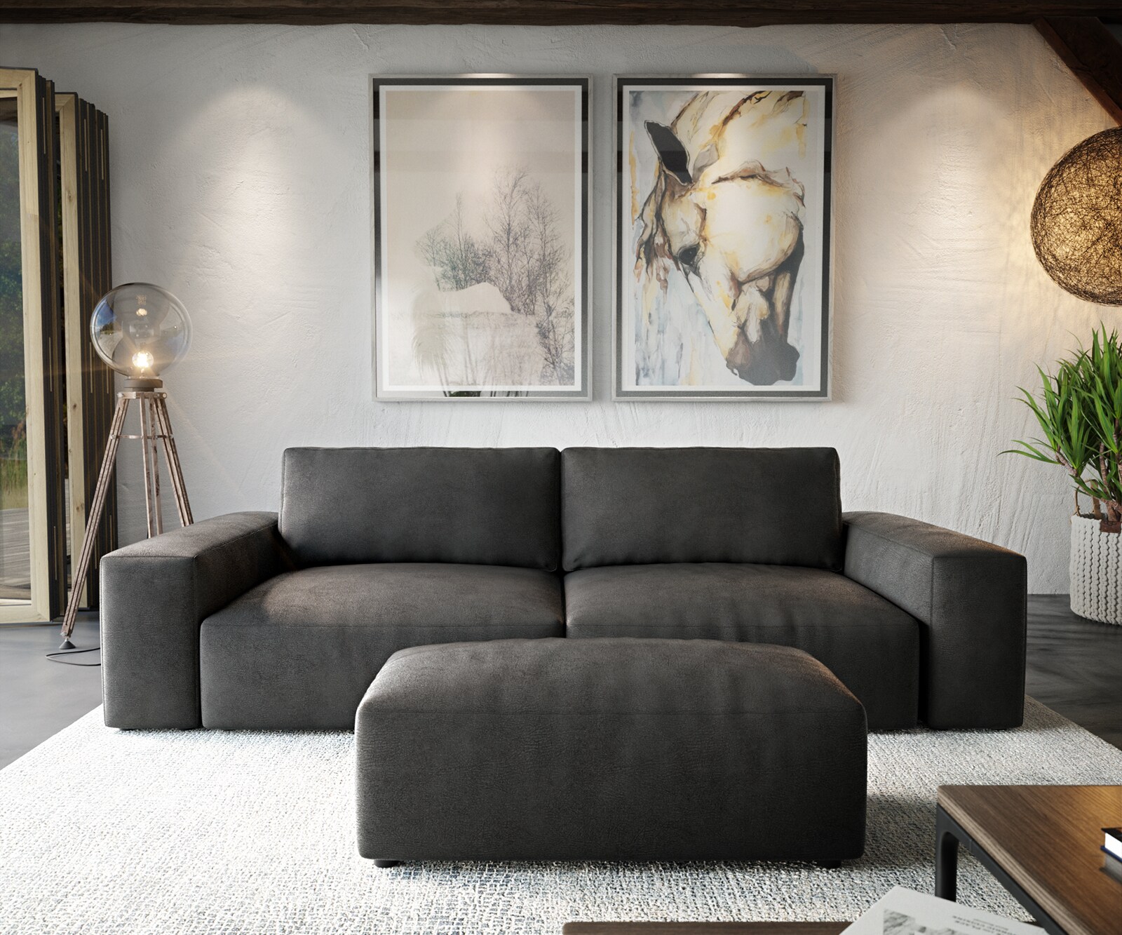 Голям диван Lanzo XL 270x130 sm Имитация на кожа Винтидж Антрацит с табуретка  1