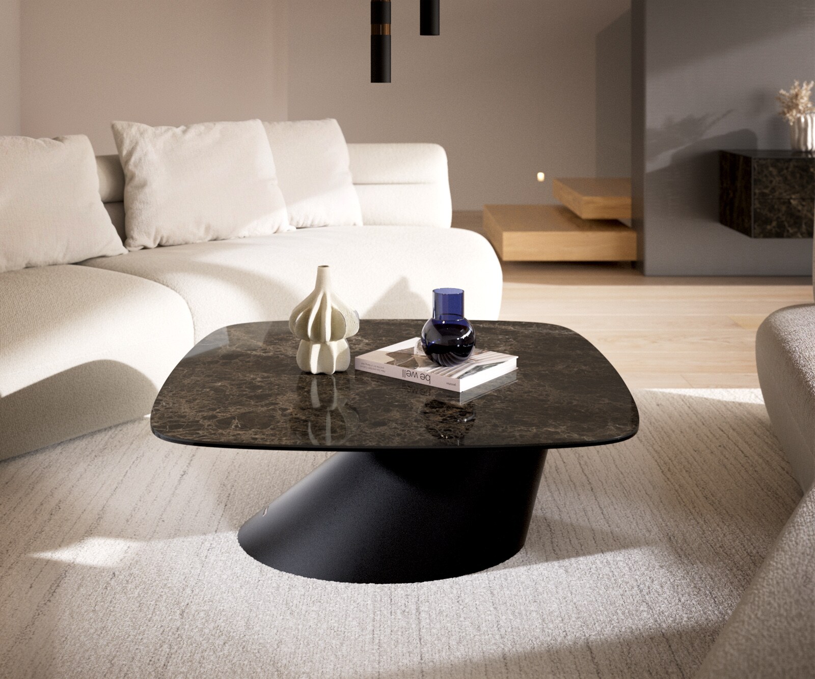 Масичка за кафе Edge Boot 90x90 cm керамика Laminam® Emperador Extra Lucidato Тъмно кафяво Conis Metal Black 2