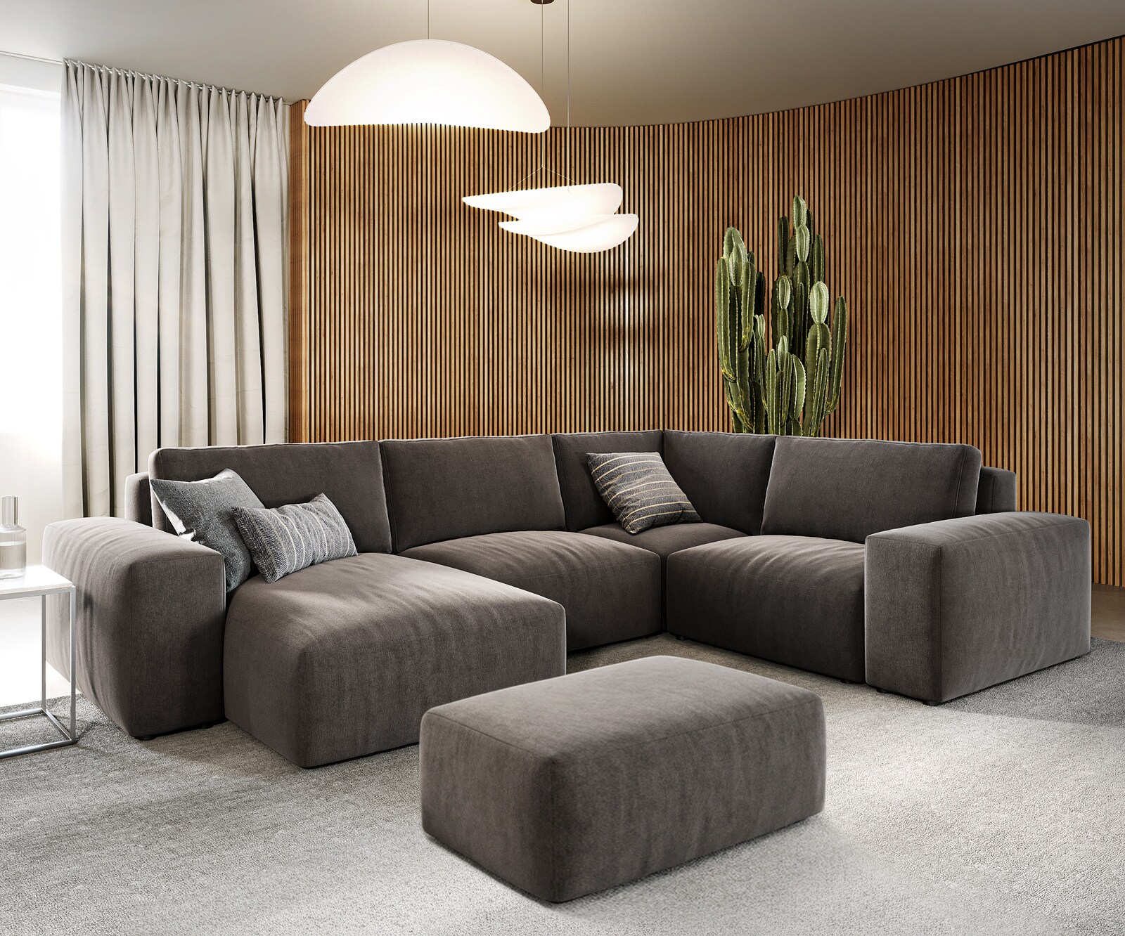 Холна гарнитура Lanzo 300x210 см микрофибър каки кафяво Рекамиер променлив с осман 1