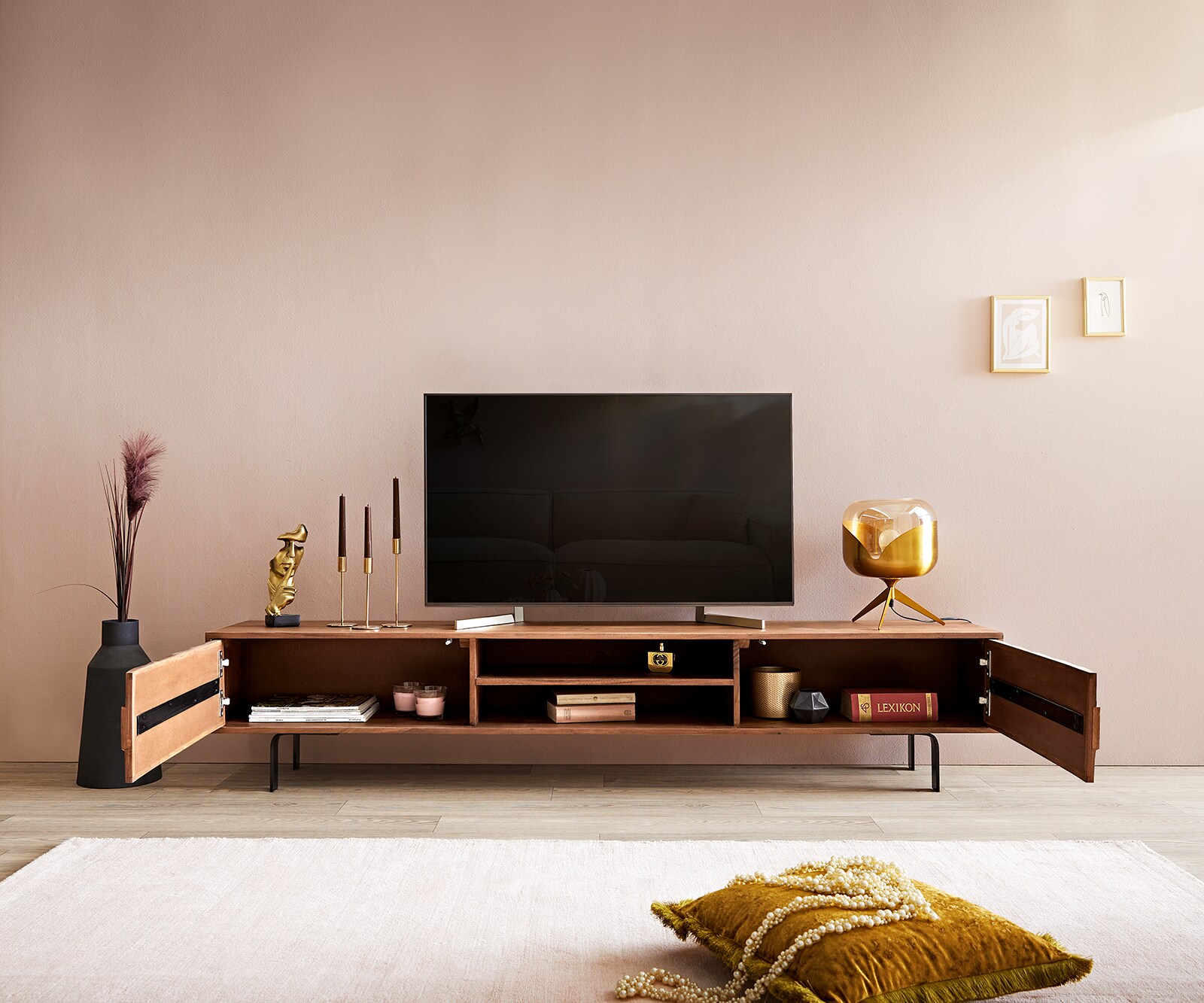 ТВ шкаф Fevo 200 cm Масив Акация, 2 Врати, Г-Крак, Кафяв 3