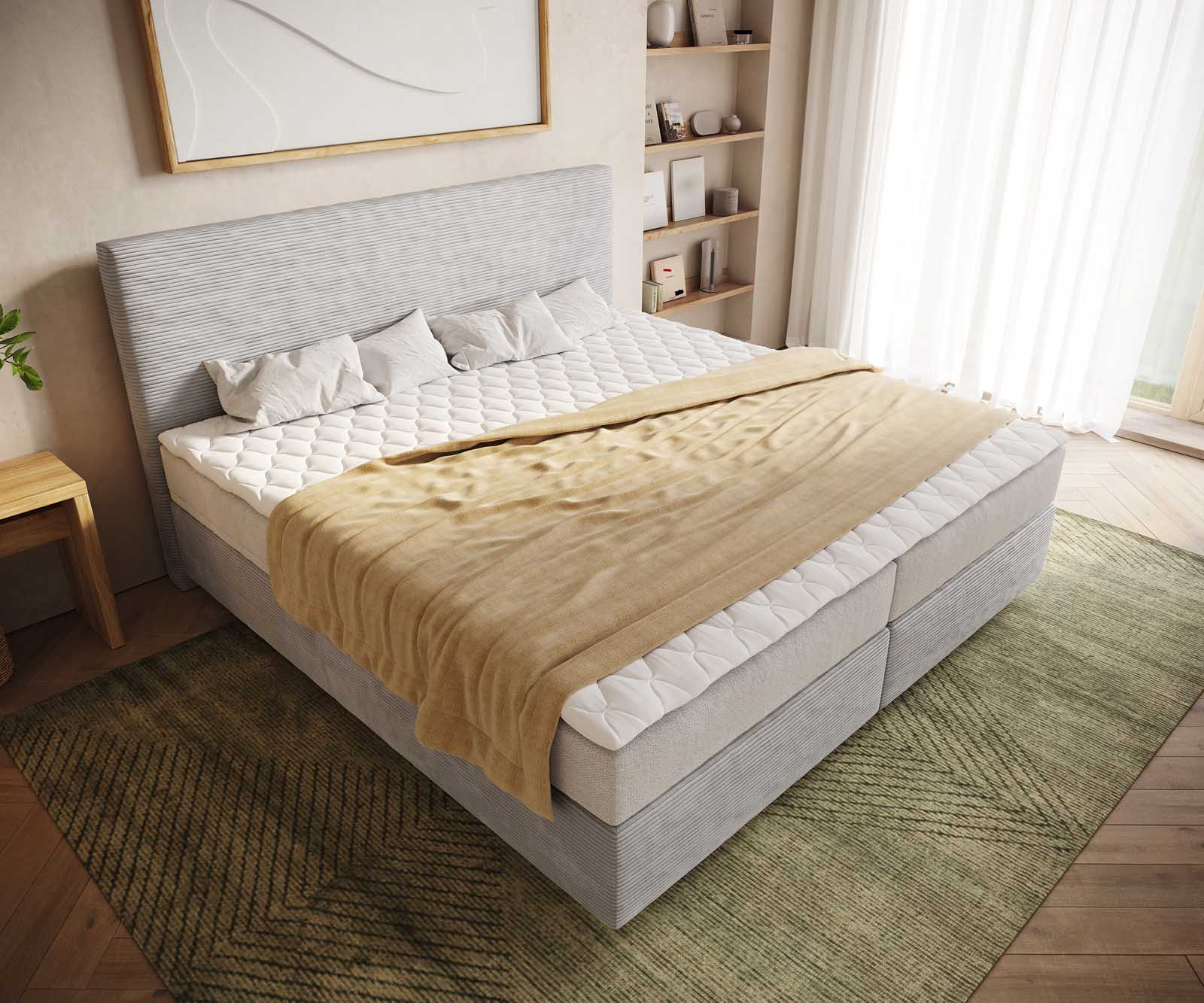 Boxspring легло Dream-Well Cord сребристо сиво 200x200 cm с джобен пружинен матрак и топер Visco 3