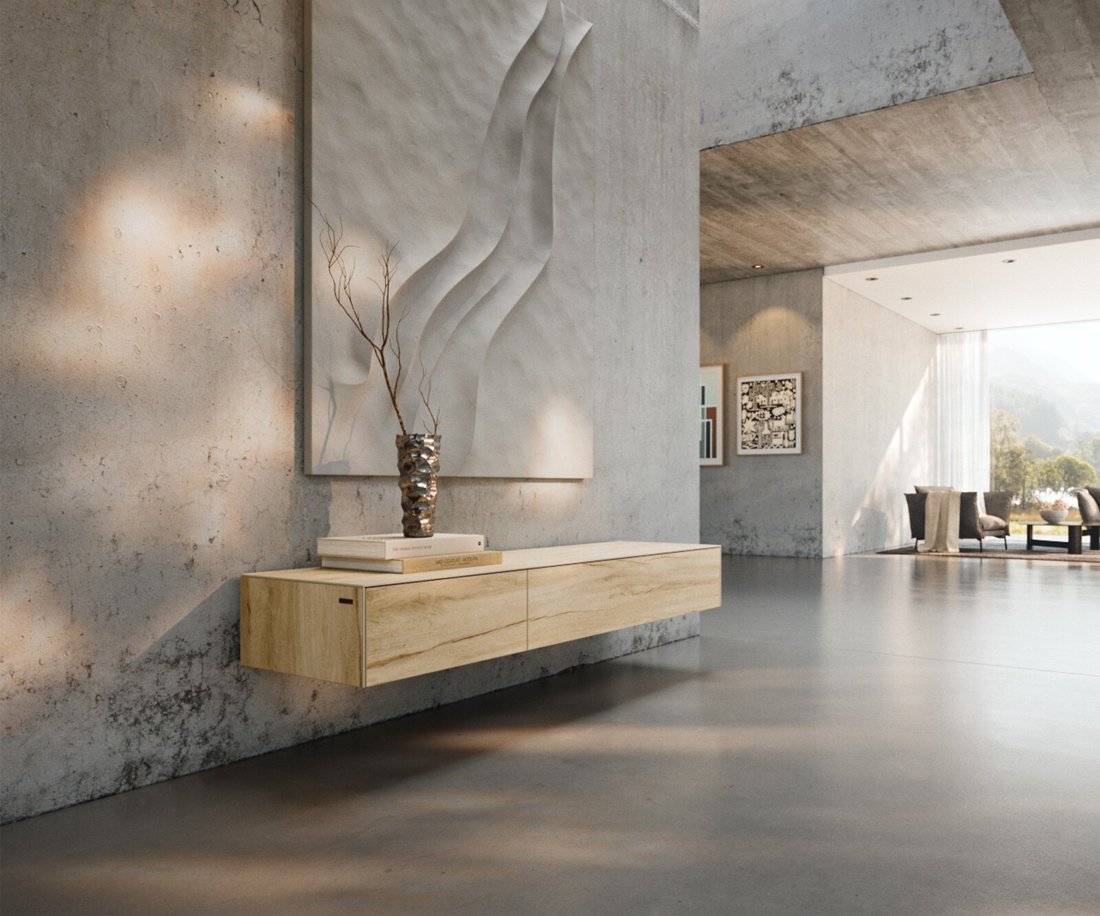 Ниска дъска Cuor 150 см Керамичен ламинат® Sabbia Дъб цвят 1 клапа 1 чекмедже Плаващ