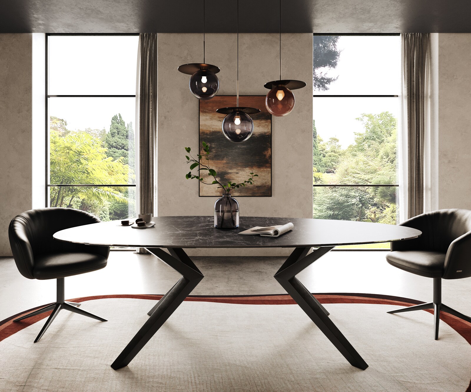 Трапезна маса Edge Oval 220x120, керамика Laminam „®“, „Nero Greco“, „Anthrazit“, „Zenthara“, с остри ръбове, метал, черна 2