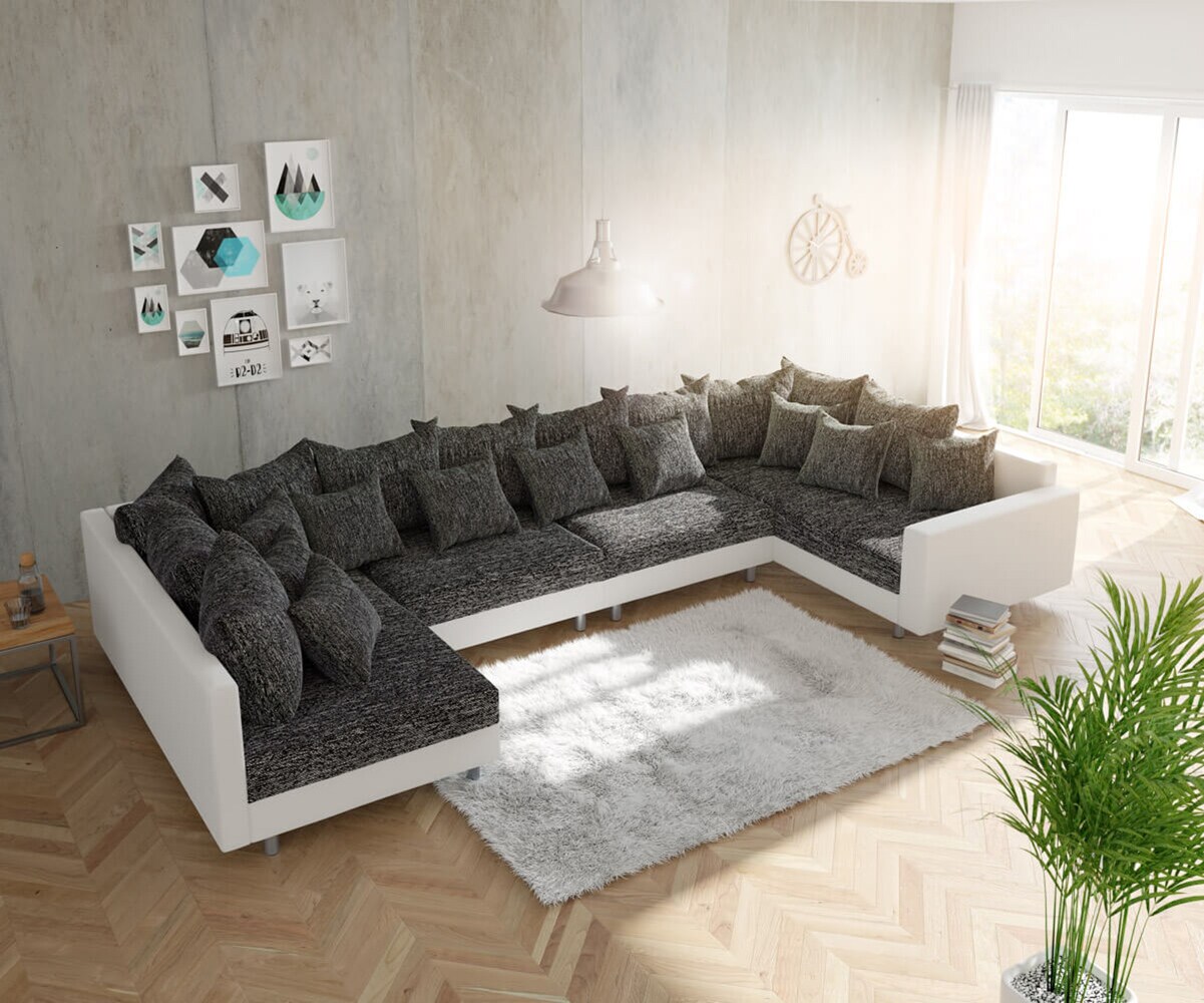 Холна гарнитура XL Бял Черен с Подлакътник Модулен Clovis