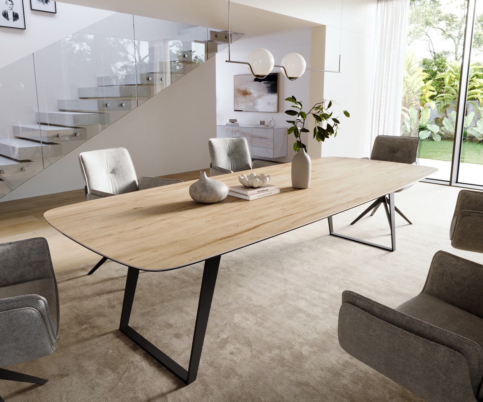 Трапезна маса Edge Boot 300x120 см, керамика Laminam „®“, цвят „Sabbia“ (дъбов), метал, наклонена, черна 1