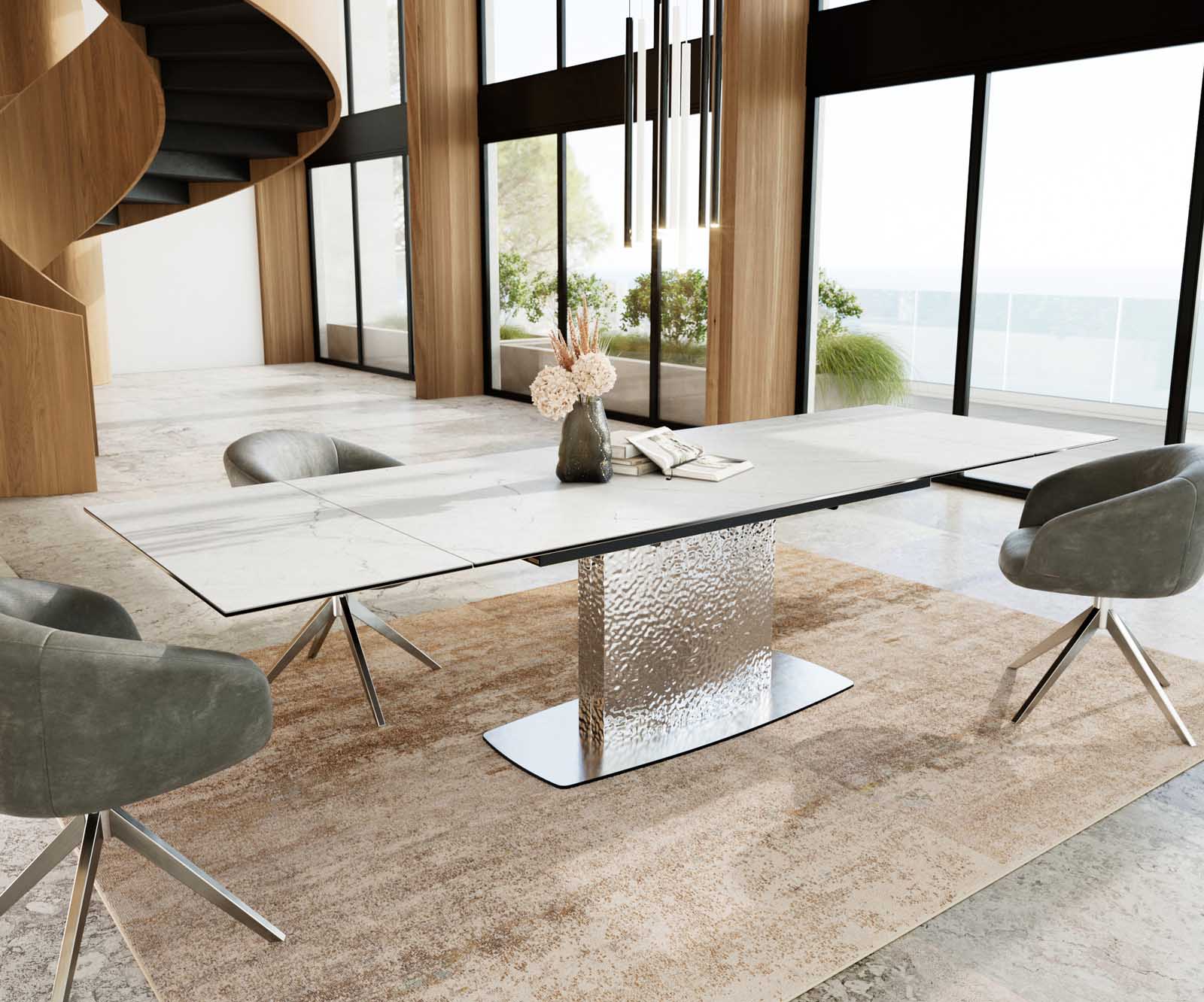 Разтегателна трапезна маса Edge 200-300х100 см Керамика Laminam®Statuarietto Бял Един крак основа Сребристосив 8