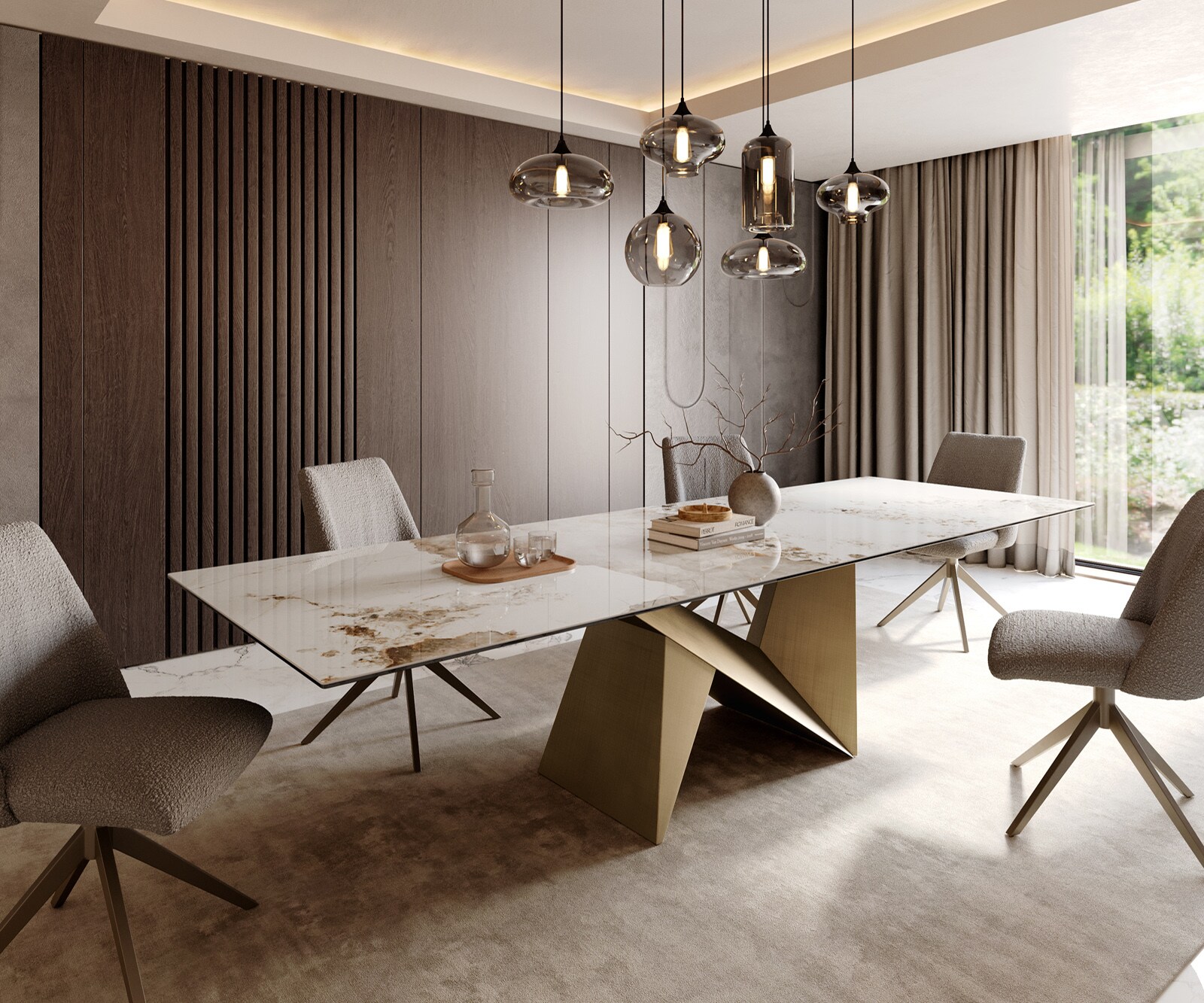 Трапезна маса Edge 300x100 керамика Minas Melange Бяло-бежово Origami Метално злато