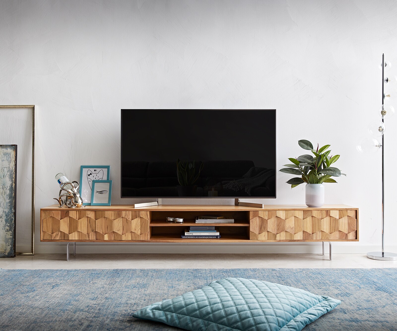 ТВ шкаф Fevo 240 cm Масив Акация, 4 Врати, Г-Крак, Натурален  1