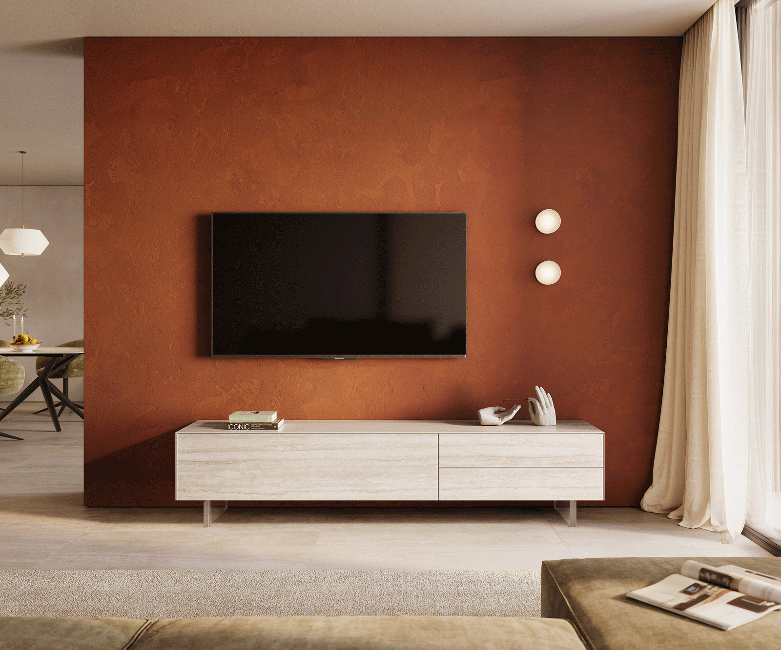 ТВ шкаф Cuor 220 см Керамика Laminam® Travertino Bianco Крем-бяло 1 врата 2 чекмеджета Основа Акрилно стъкло 1