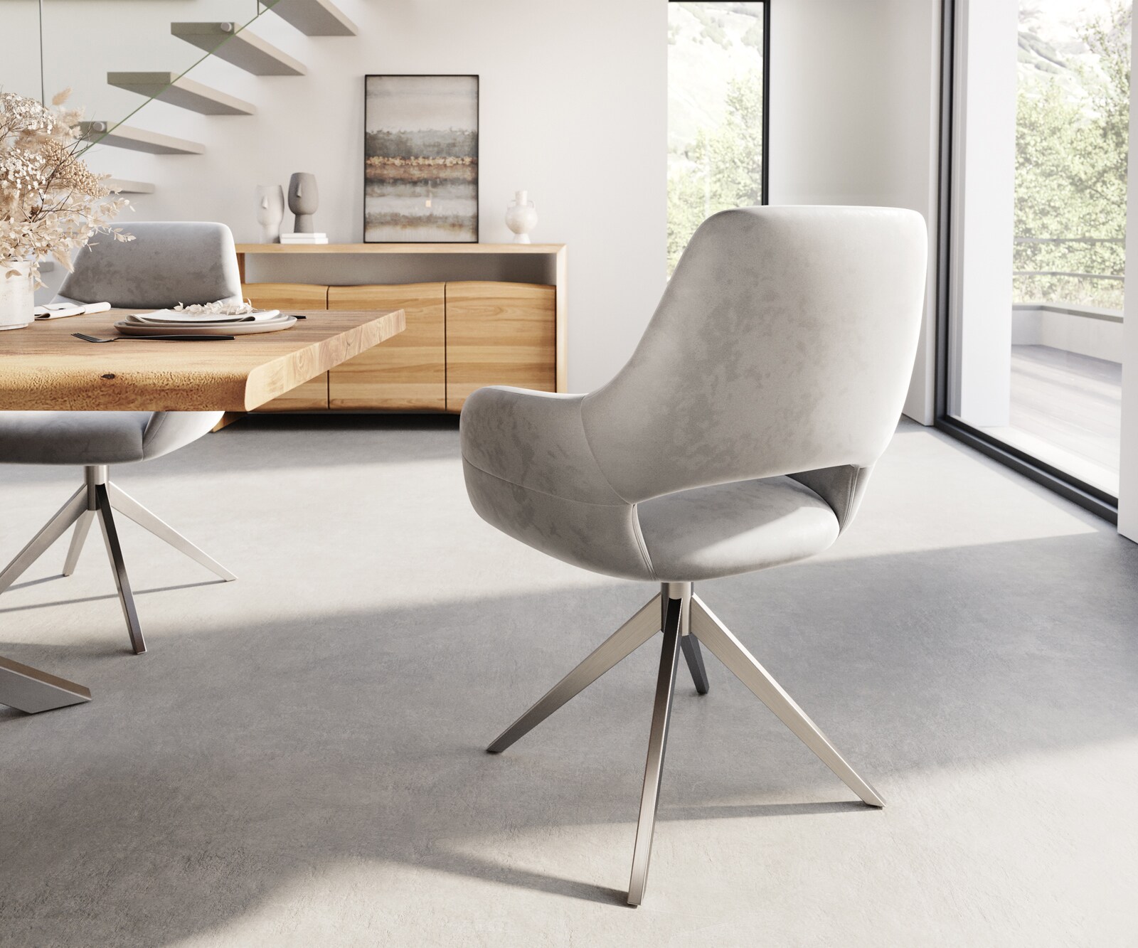 Врътящ се стол с подлакътници Кадифе Сив Конус крак плосък Неръждаема стомана 360° въртящ се Yago-Flex 5 Врътящ се стол с подлакътници Кадифе Сив Конус крак плосък Неръждаема стомана 360° въртящ се Yago-Flex 5