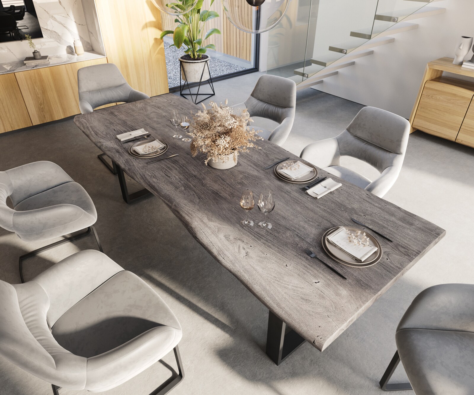 Трапезна маса Edge 260x100 XL от акация, платинен цвят, черни крака, с естествени ръбове 3