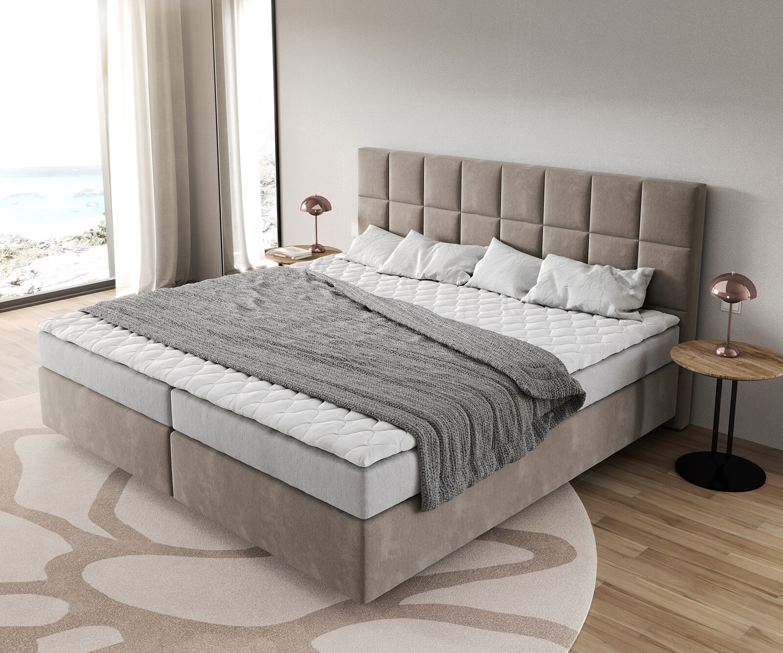 Легло Боксспринг Микрофибър Бежов 200x200 cm Бонел-Матрак PU-Топер Dream-Fine 3