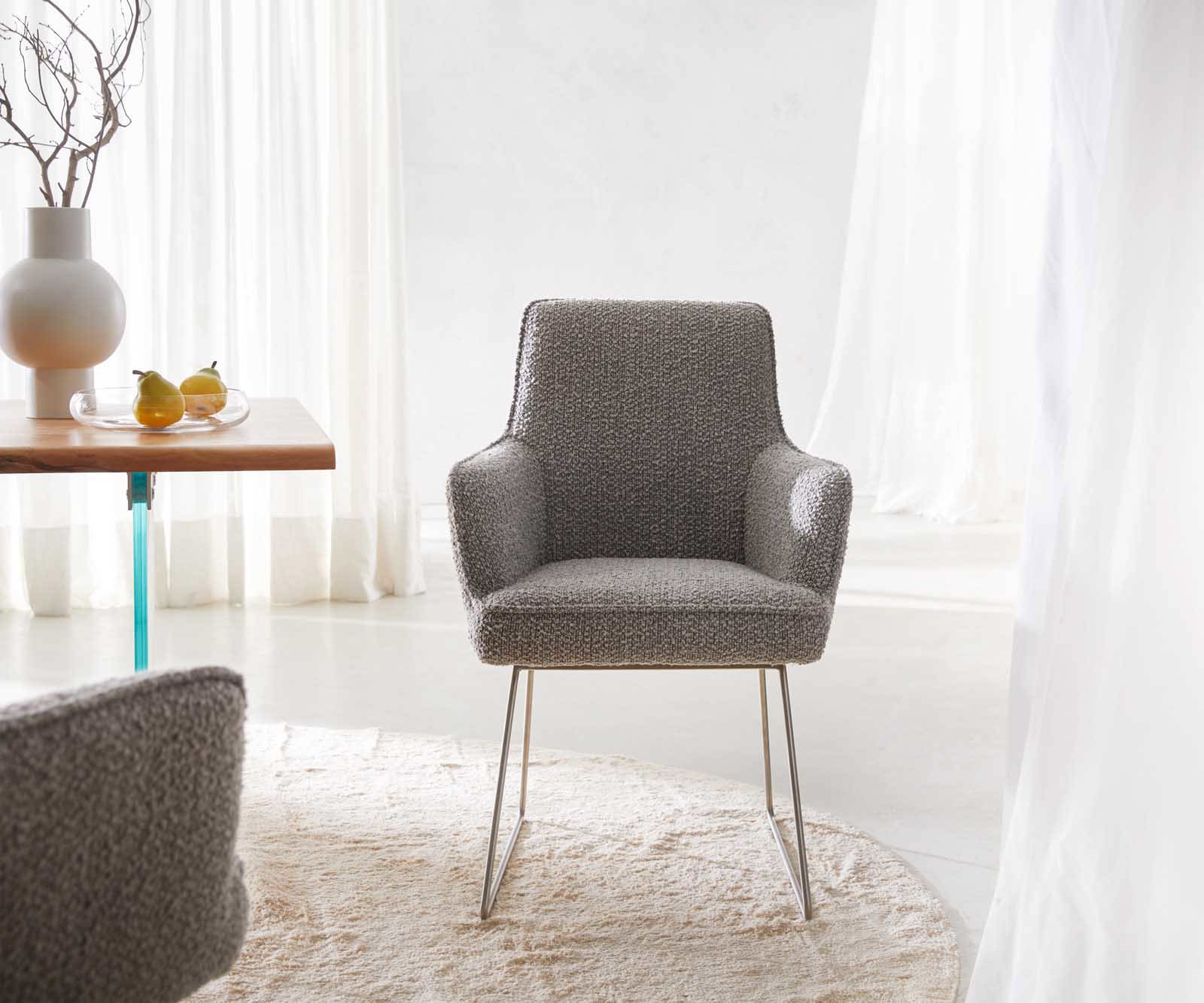 Стол Букле Сребристосив Извити крака Неръждаема стомана Покет пружина Heira-Flex 1 Стол Букле Сребристосив Извити крака Неръждаема стомана Покет пружина Heira-Flex 1