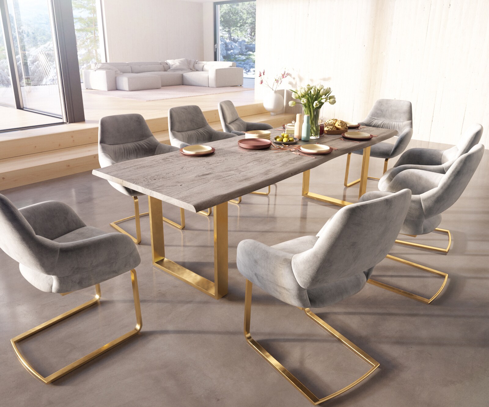 Люлеещ стол с подлакътници Кадифе Сив Конзолен крак плосък Злато Yago-Flex 3