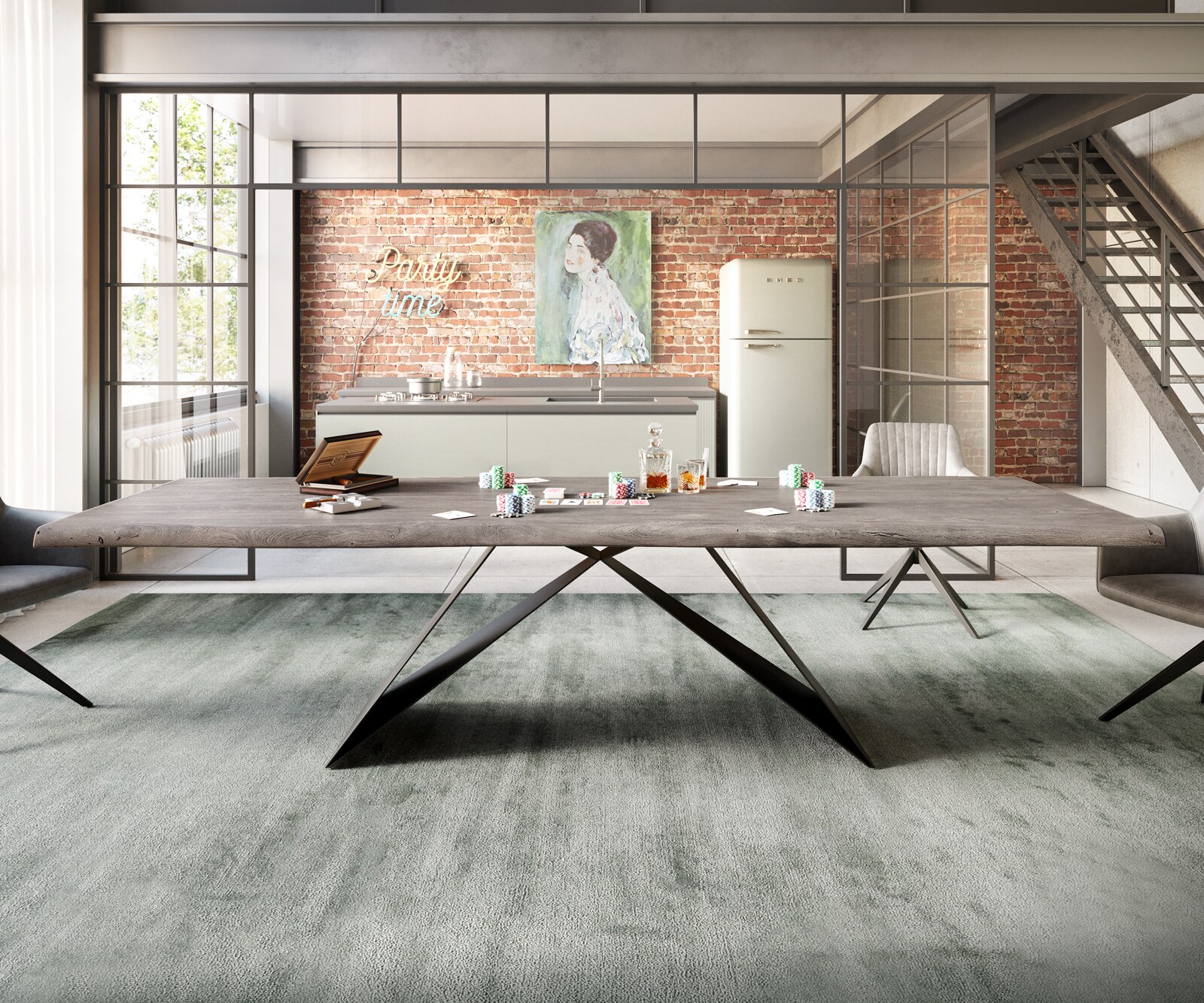 Маса 300x100 XL Акация Платинен цвят V-Рамка плоска стомана Черен Edge 5