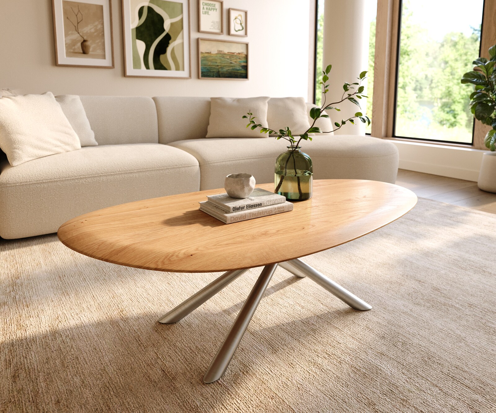 Масичка за кафе Edge Oval 140x75 cm естествен дъб кръгъл ръб Sarity матирана неръждаема стомана