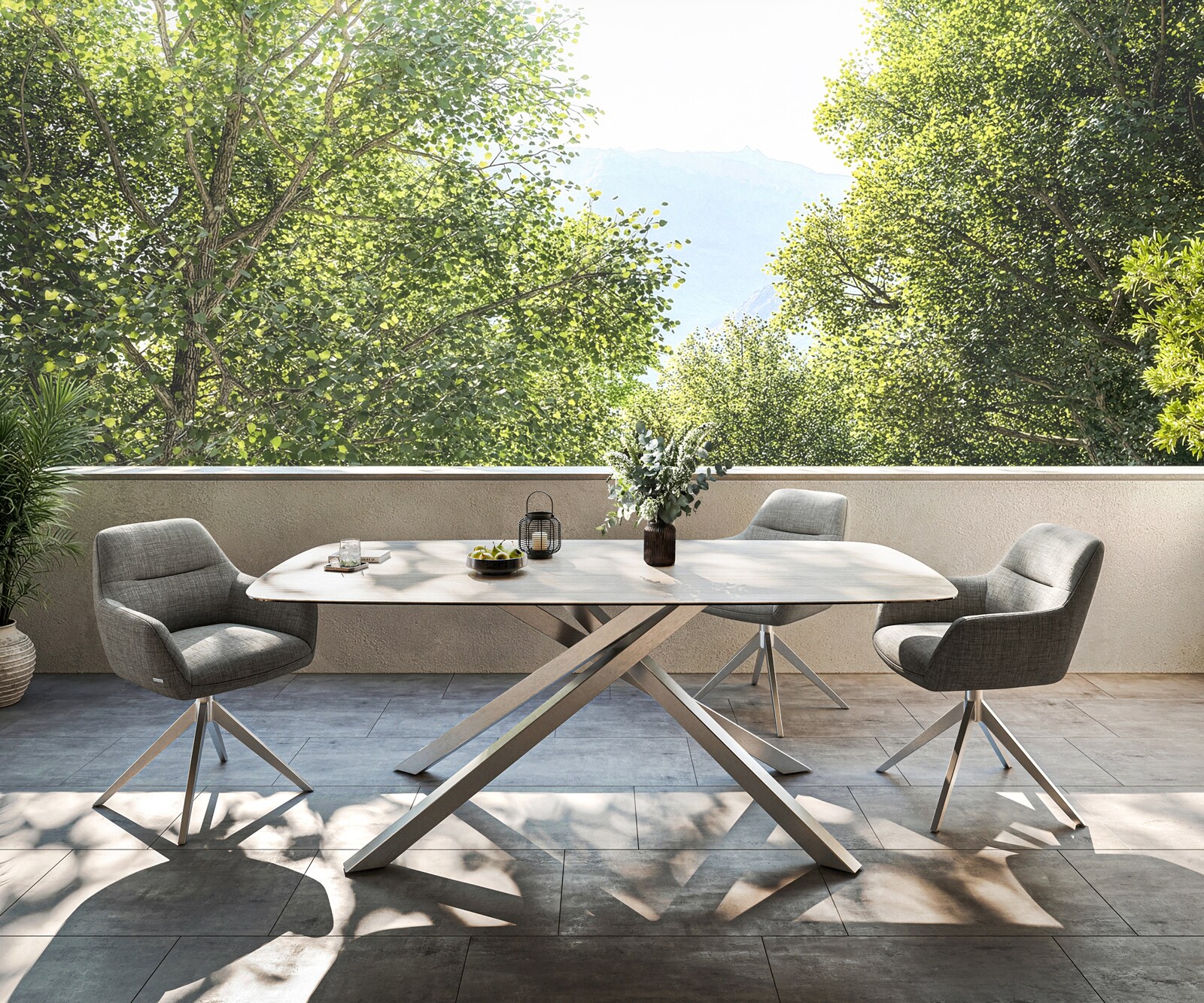 Луксозна външна маса Edge Boot 200x100 см керамичен заоблен плот Laminam ® Travertino Bianco, Кръстовидна основа, Крем-бяло/Сребристосив 1