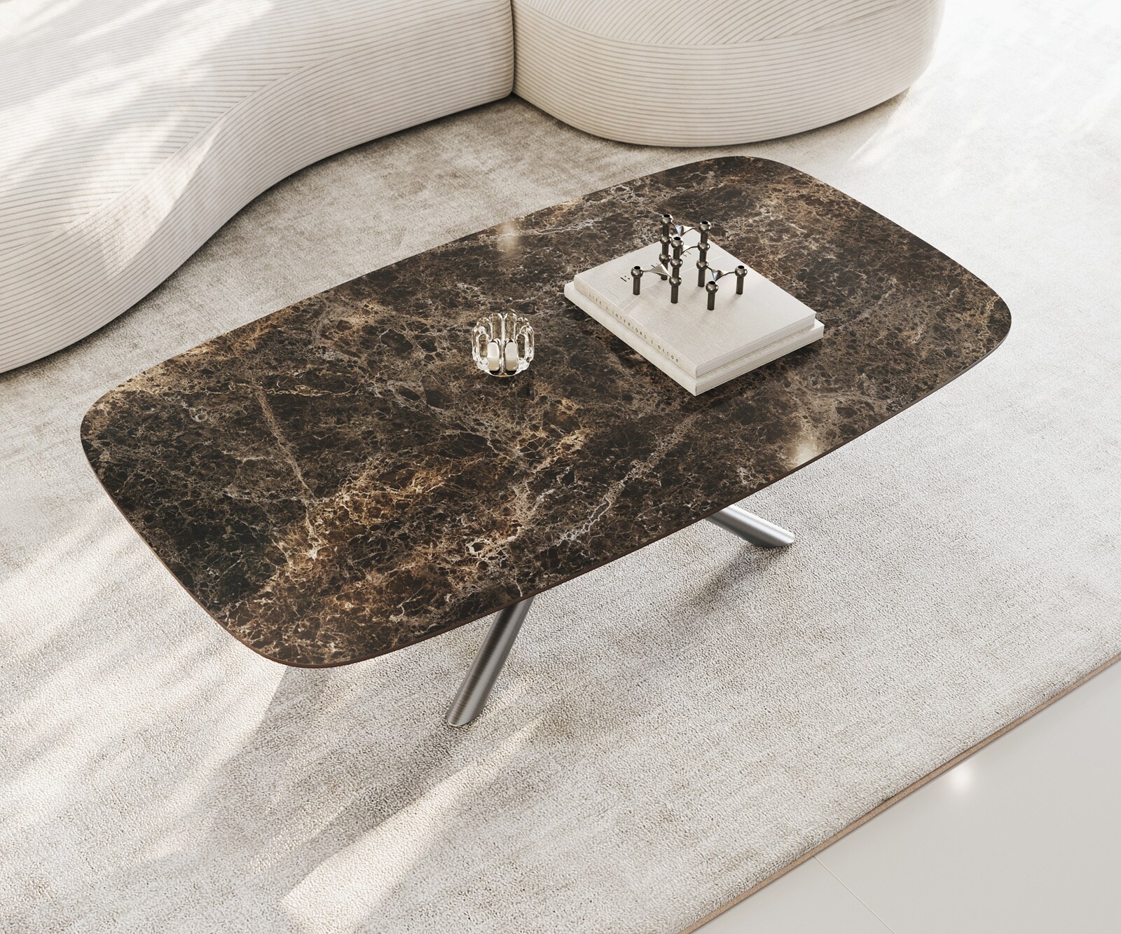 Масичка за кафе Edge Boot 140x80 cm Керамичен ламинат® Emperador Extra Lucidato Тъмно кафяво Sarity Матирана неръждаема стомана 4