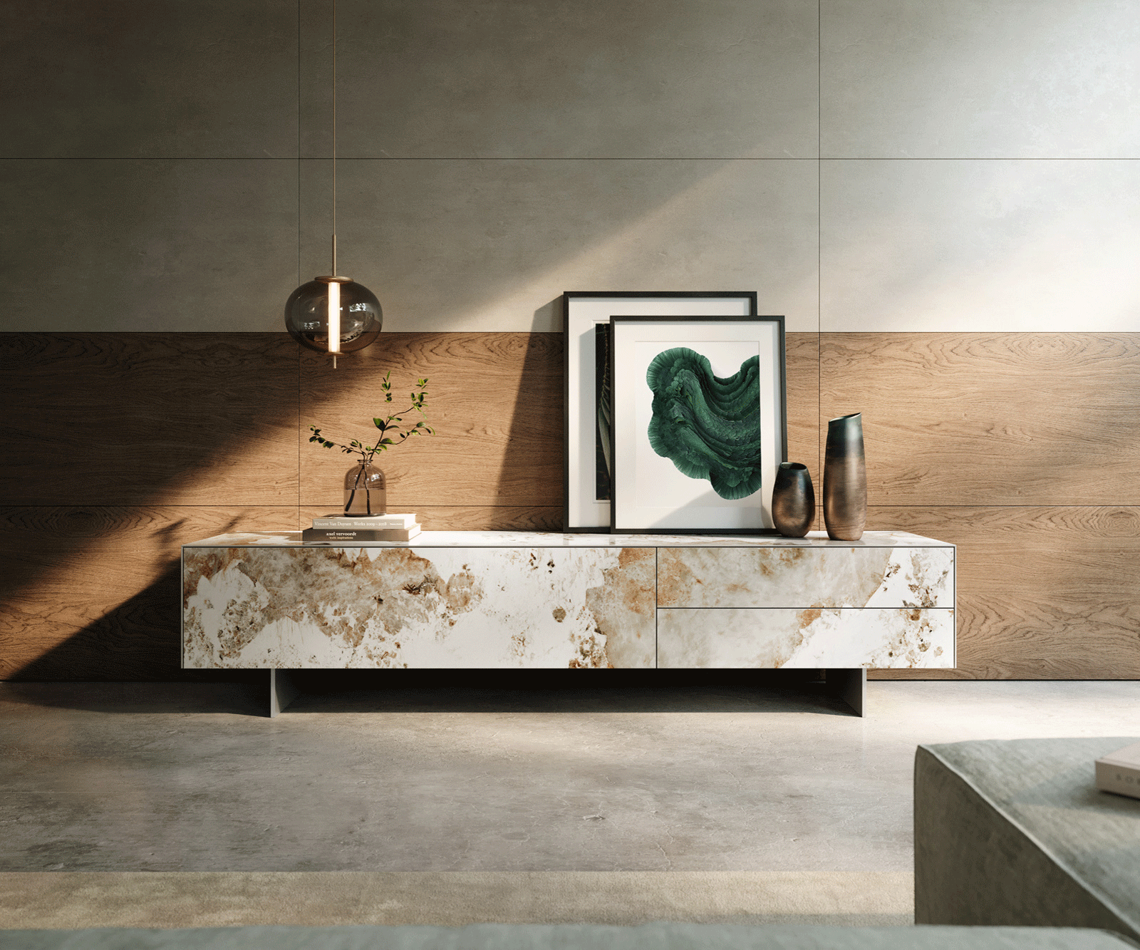 Нисък плот Cuor 220 см керамика Minas Melange Бяло-бежово 1 клапа 2 чекмеджета Основа Плаващ вид неръждаема стомана 2