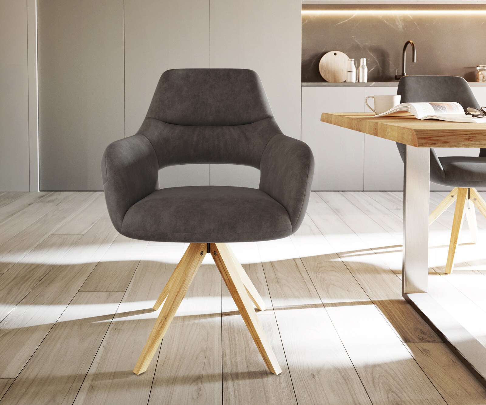 Врътящ се стол с подлакътници Антрацит Винтидж Дървена рамка  180° въртящ се Yago-Flex 2