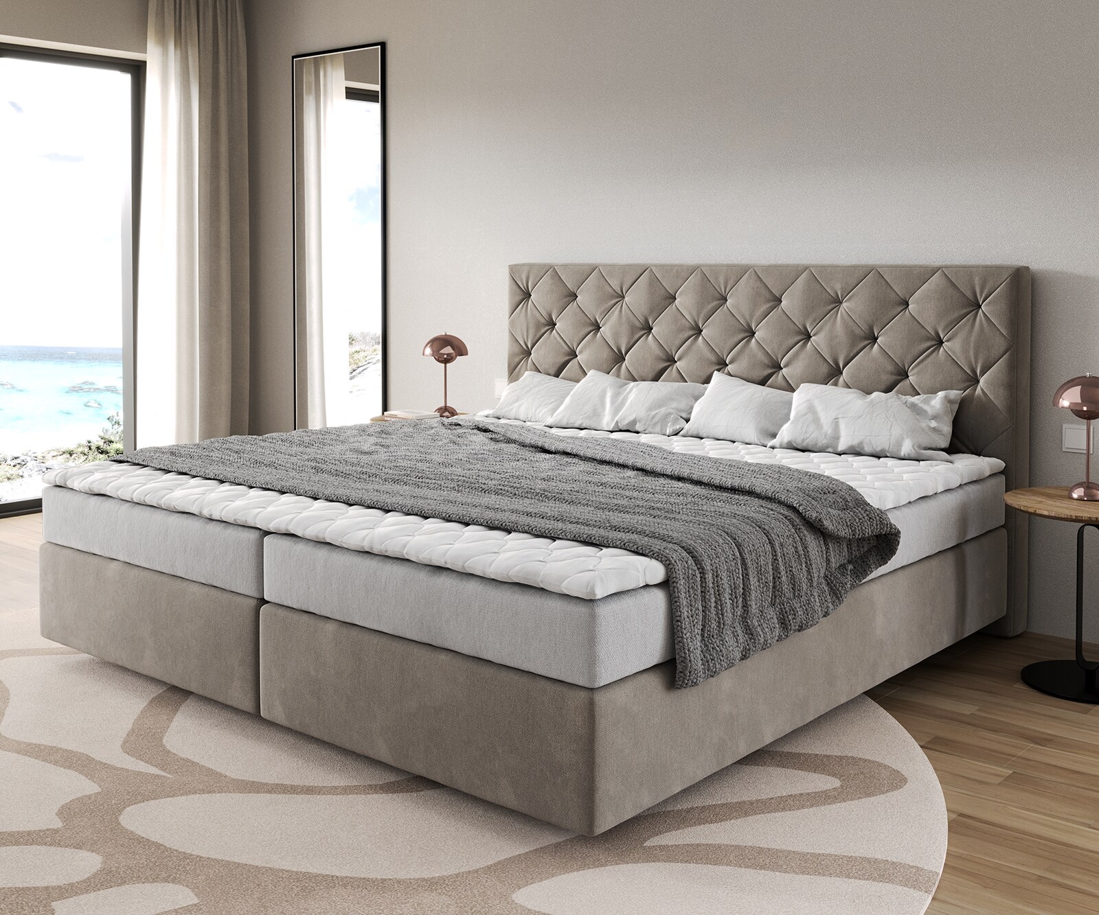Легло Боксспринг Микрофибър Бежов 200x200 cm Бонел-Матрак PU-Топер Dream-Great