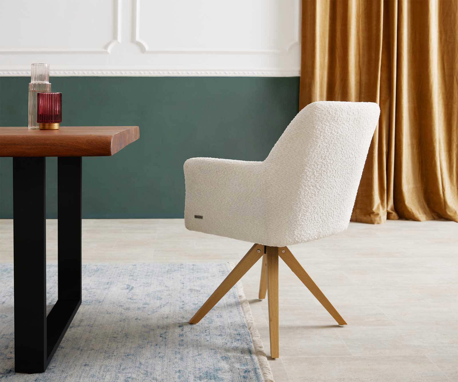 Врътящ се стол с подлакътници Букле Бял Дървена рамка  Натурал 180° въртящ се Покет пружина Xana-Flex 4 Врътящ се стол с подлакътници Букле Бял Дървена рамка  Натурал 180° въртящ се Покет пружина Xana-Flex 4