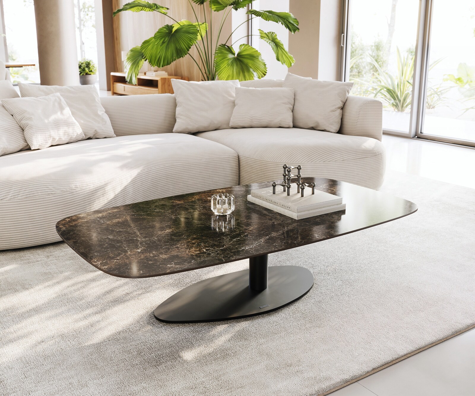 Масичка за кафе Edge Boot 140x80 cm керамика Laminam® Emperador Extra Lucidato тъмнокафяво Vibany Metal Black 1