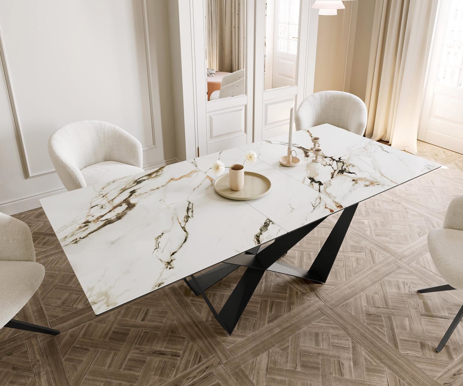 Маса 180-220x100 Keramik Calacatta Luxe Бял-Злато-Сив Spider плоска стомана Черен разтегателна Edge 4