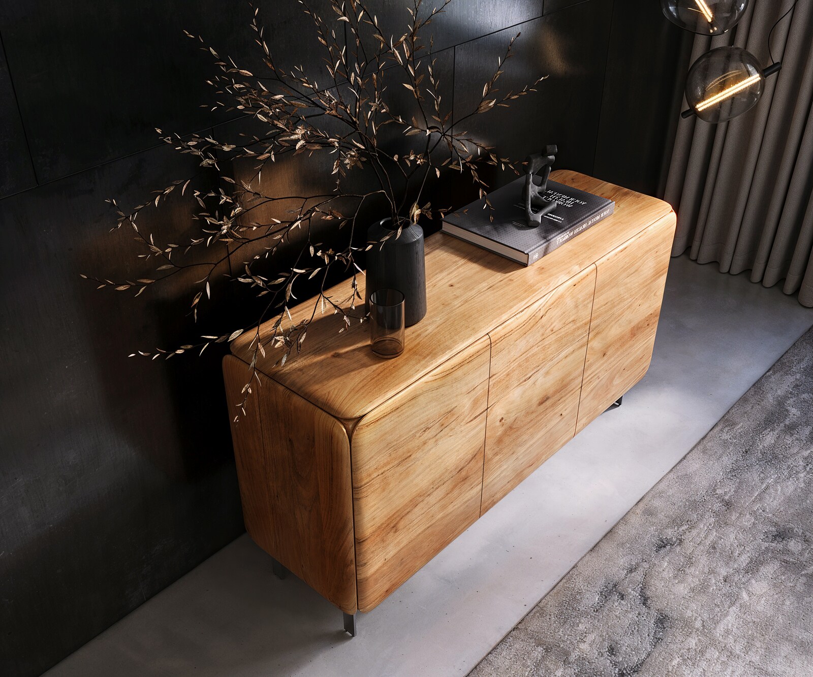 Шкаф Shavani 145 см, естествена акация, 2 врати, 3 чекмеджета L-база неръждаема стомана сребро 3