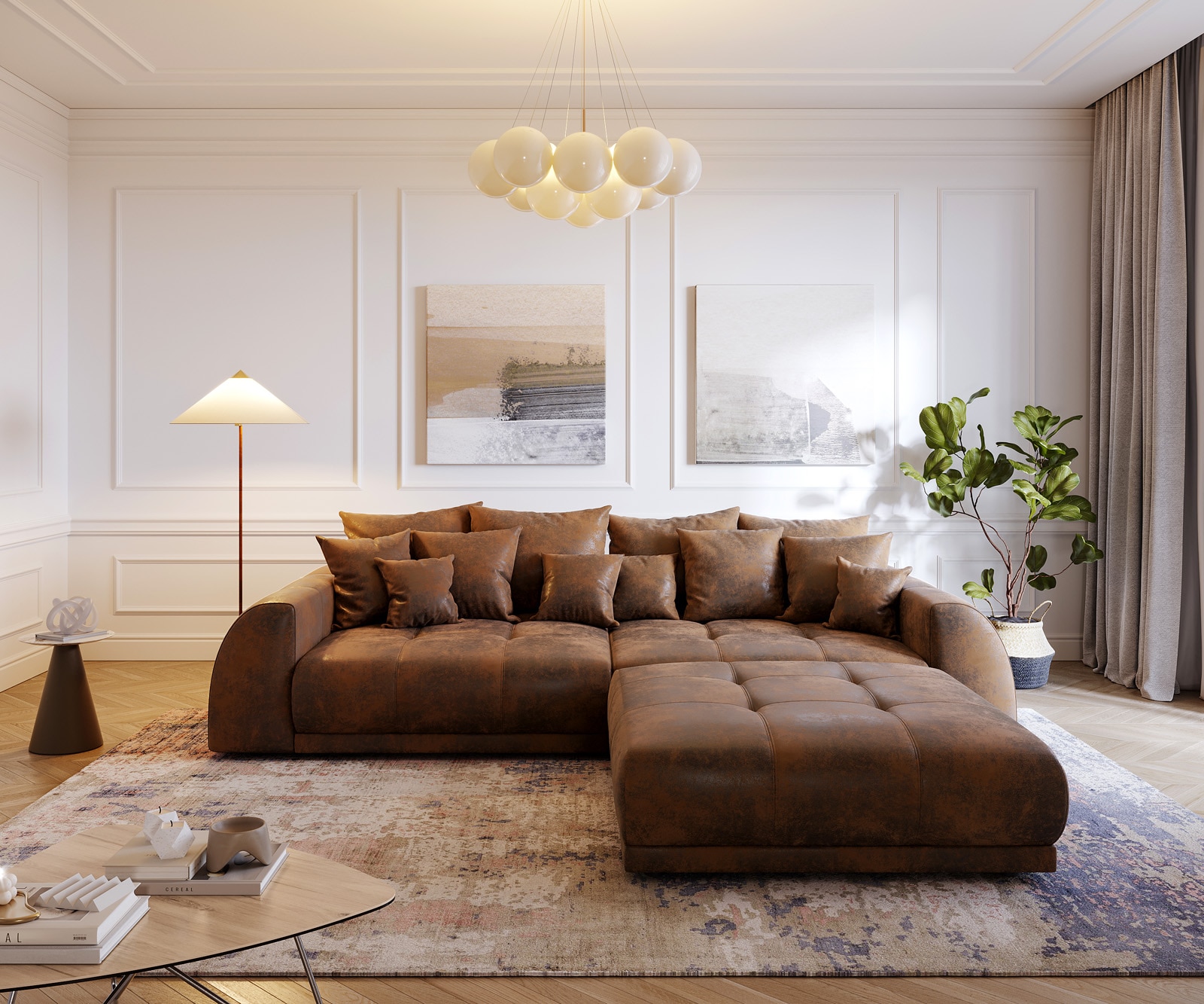 Голям диван 310x135 Кафяв Античен вид с табуретка възглавници Violetta 1 Голям диван 310x135 Кафяв Античен вид с табуретка възглавници Violetta 1