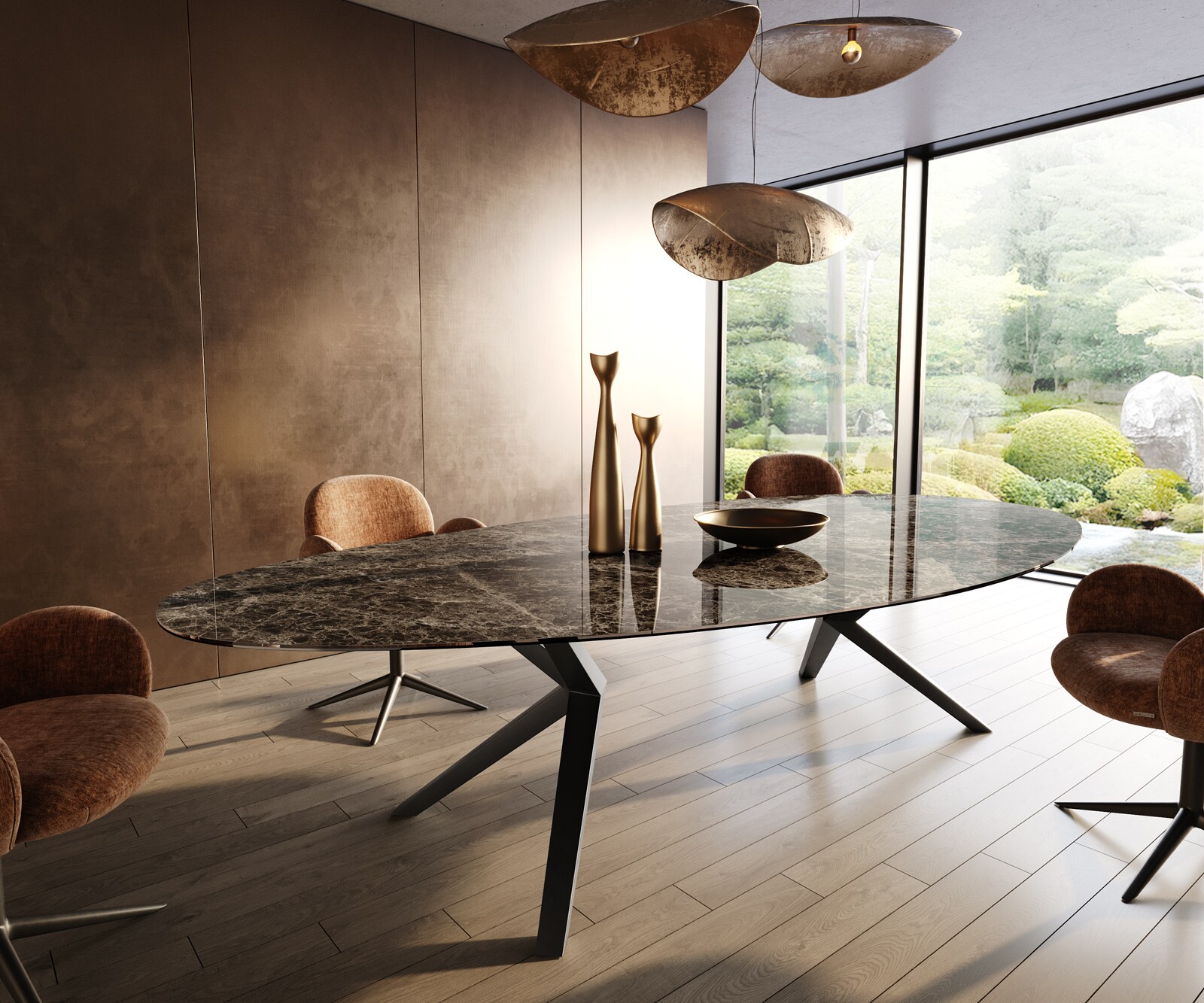 Трапезна маса Edge Oval 315x150, керамика Laminam „®“, Emperador Extra Lucidato, тъмнокафяво, Zenthara, с остри ръбове, метал, черно