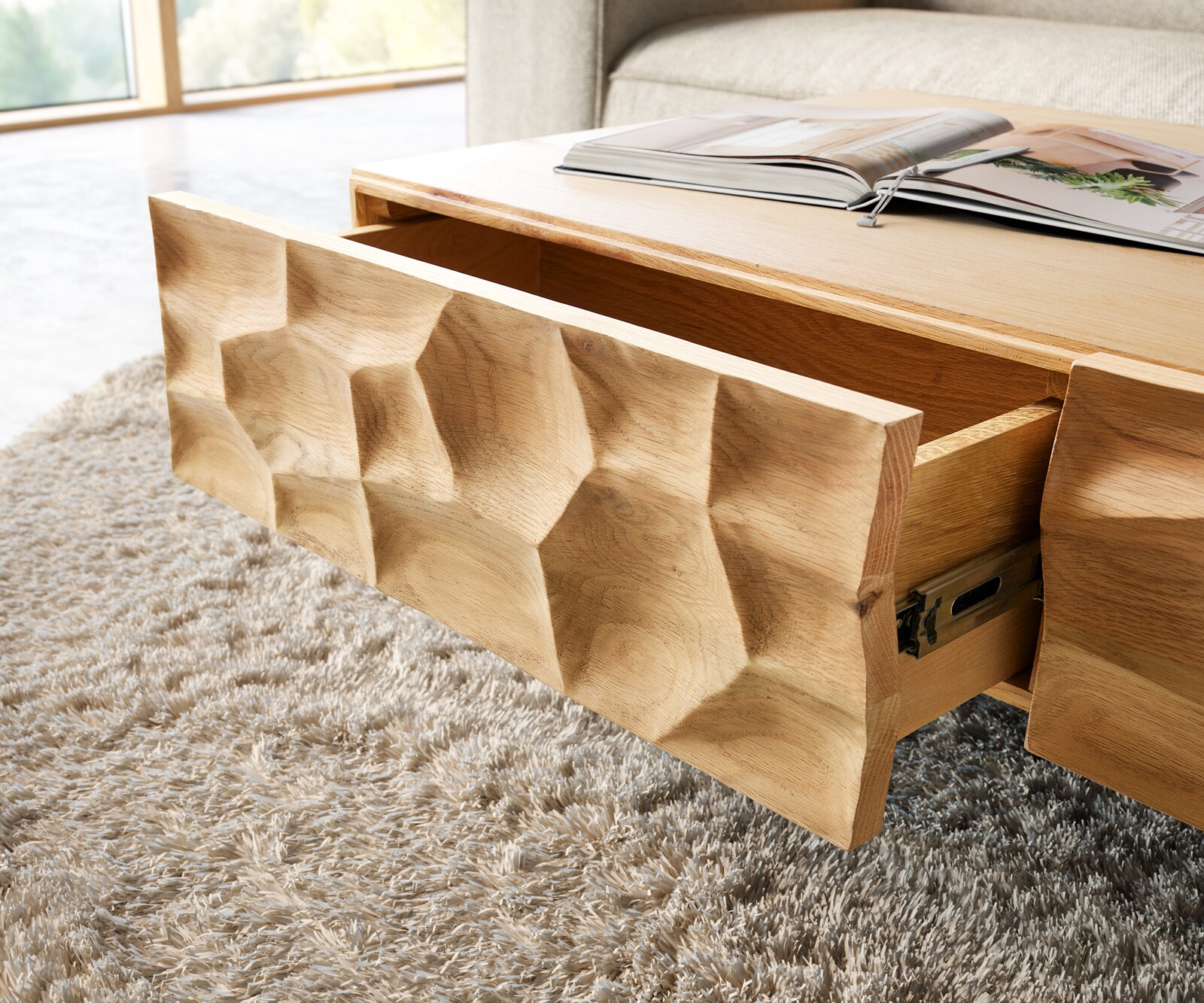 Холна маса 120x70 cm Дъб Натурал 4 Чекмеджета плаващ крак Метал Черен 3D-Front Solu 5