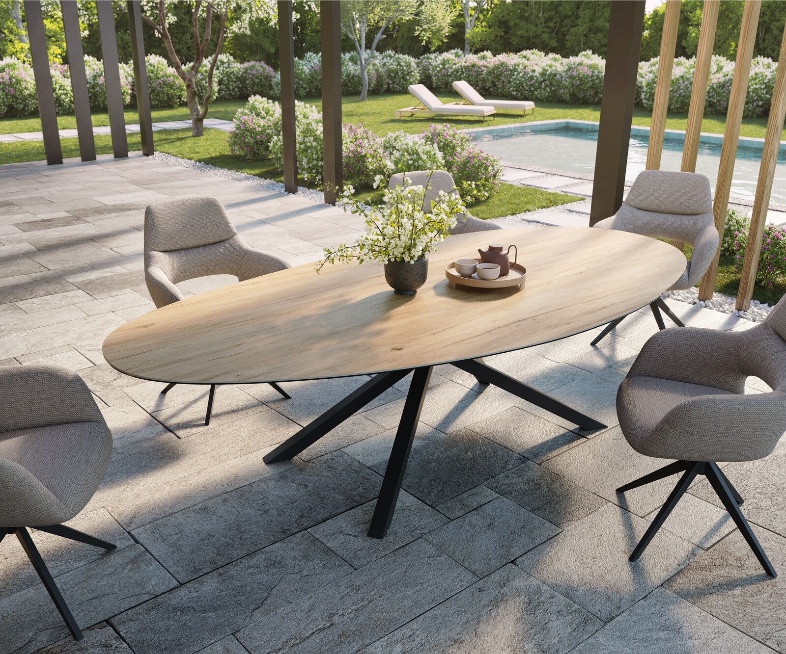 Луксозна външна маса Edge 280x130 см, Овален плот, Керамика Laminam ® Sabbia, Кръстовидна основа, Пясъчен дъб/Черно
