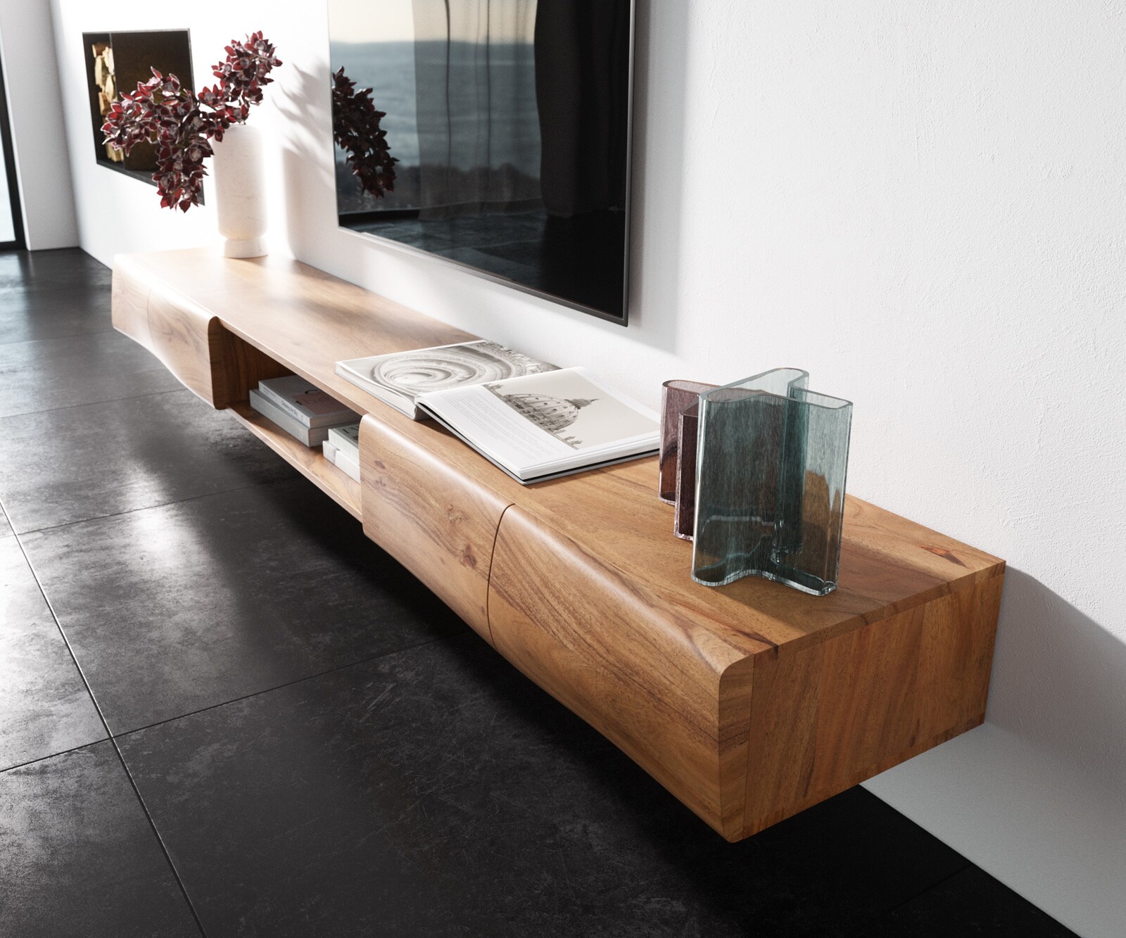 Стенен ТВ шкаф New Live-Edge 240 cm, Масив Акация, 4 Врати,1 отделение, Натурален цвят 1