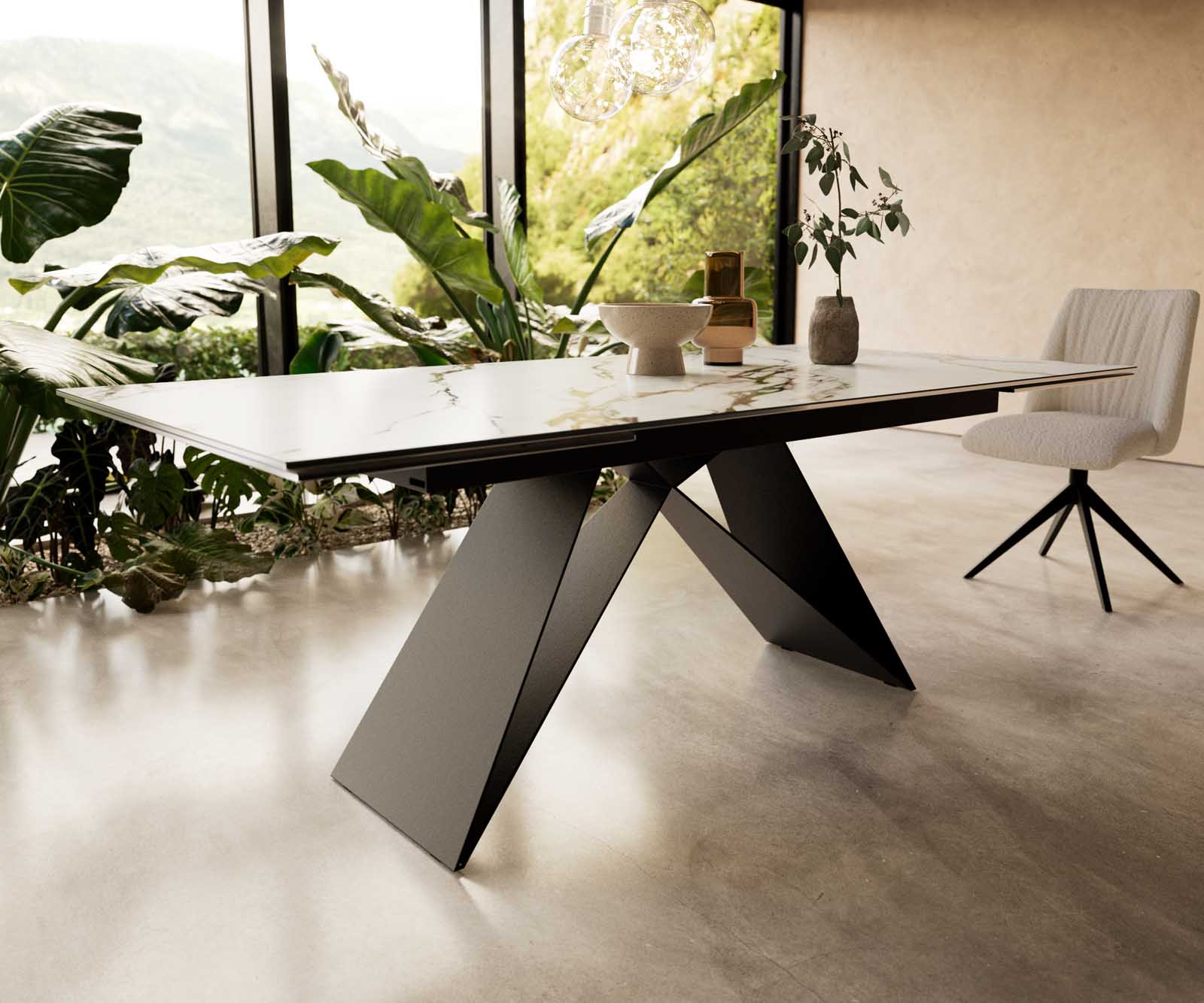 Разтегателна трапезна маса Edge 200-300x100 Керамика Calacatta Luxe Бял-Злато-Сив V-Основа плоска стомана Черен 6