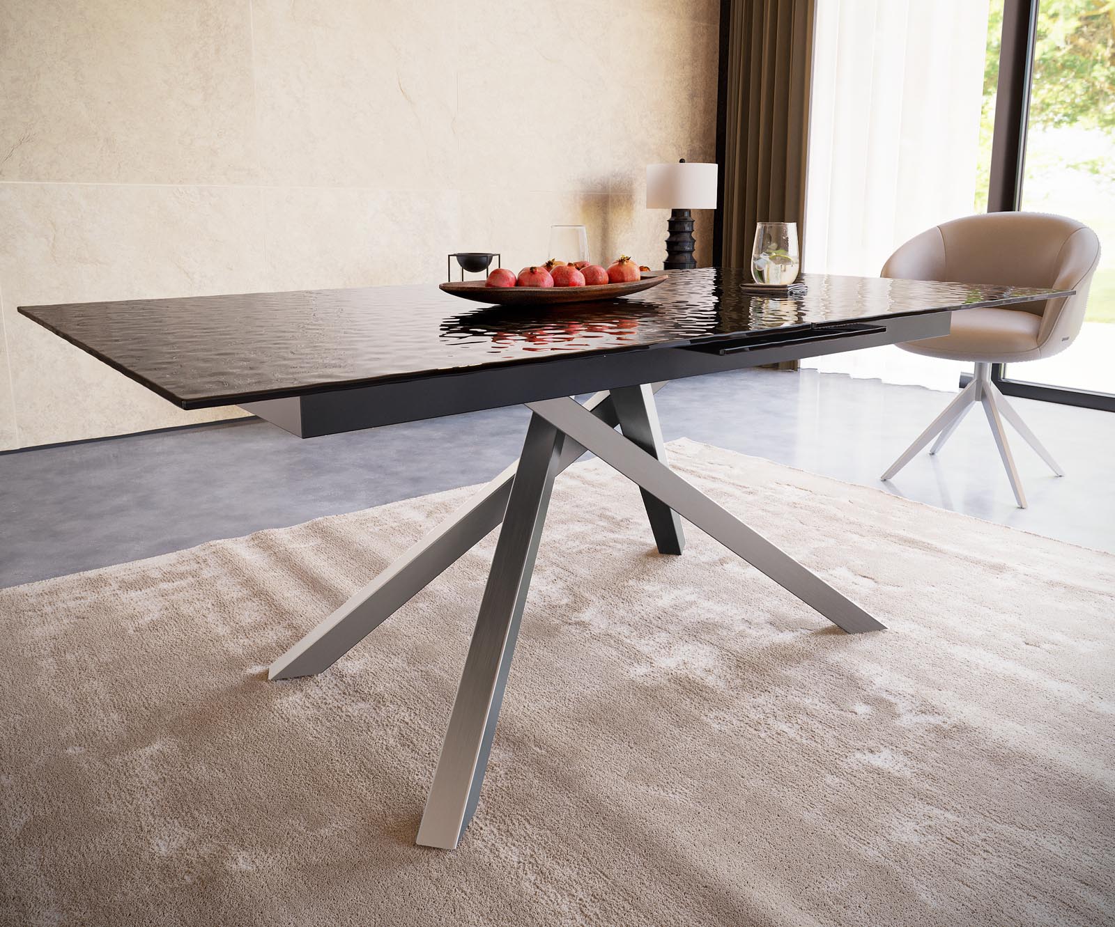 Маса 180-220x100 РелефноСтъкло ОпушеноЧерен 3D-Design КръстРамка Правоъгълник Неръждаема стомана разтегателна Edge 4