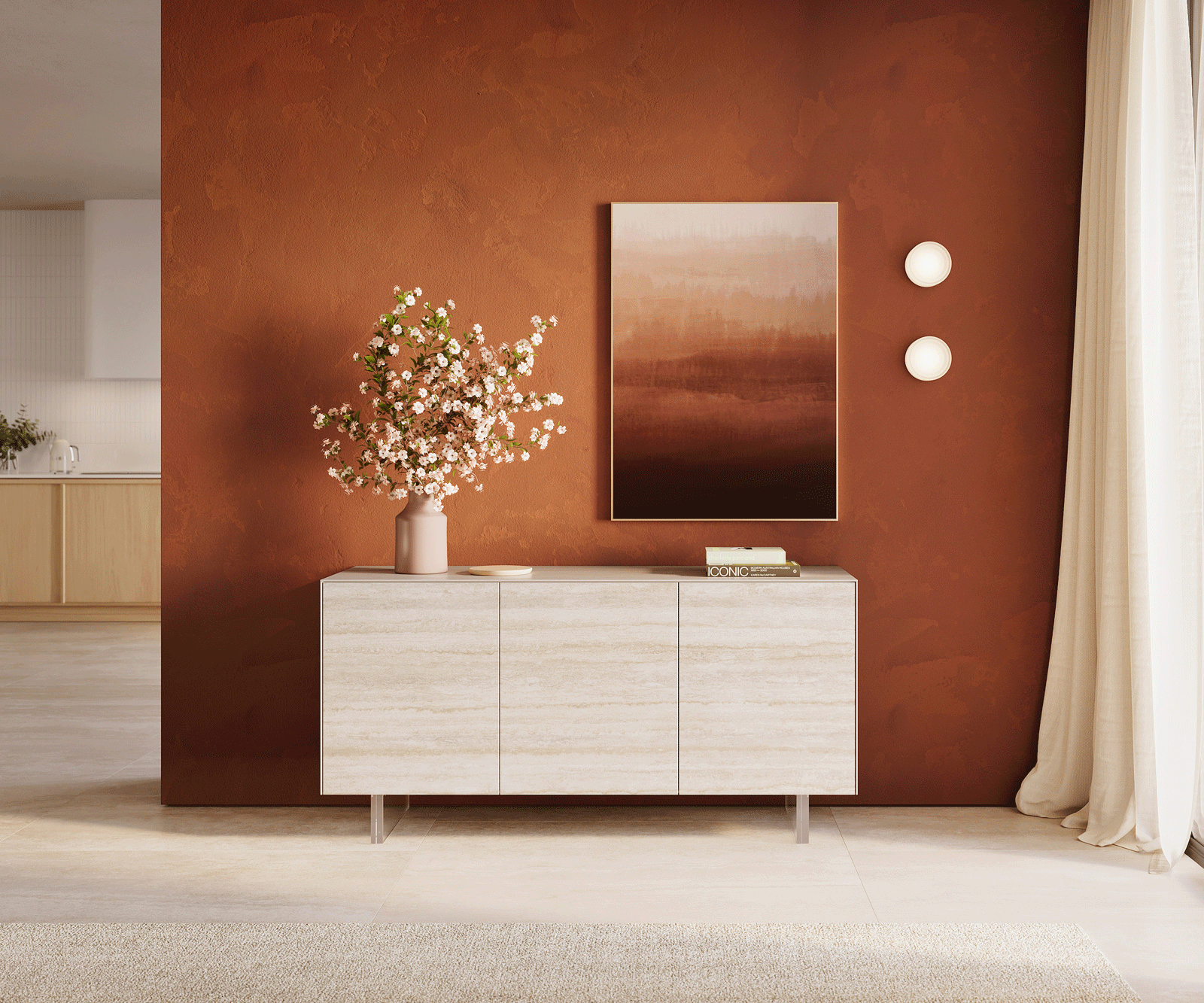 Шкаф Cuor 150 cm Керамичен ламинат® Travertino Bianco Крем-бяло 3 врати Крака Плаващ вид акрилно стъкло 2