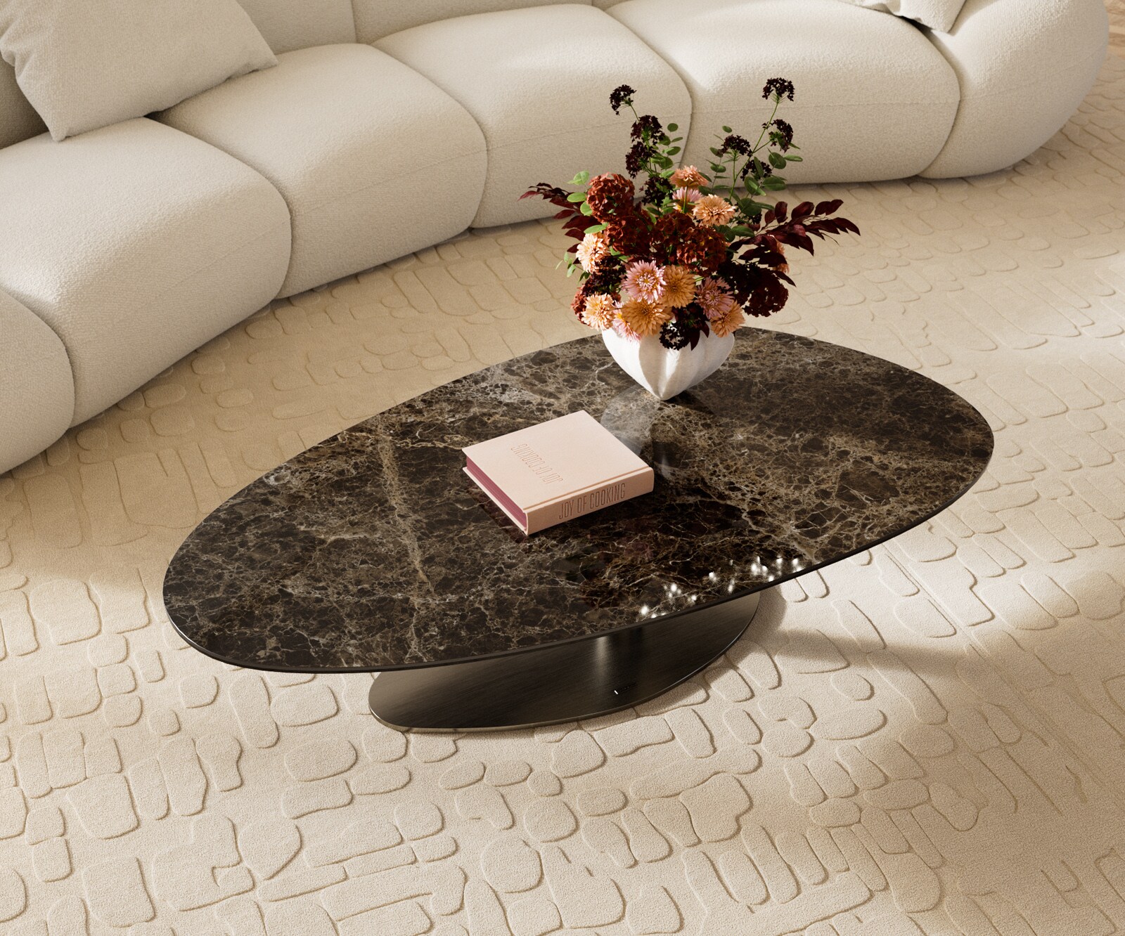 Масичка за кафе Edge Oval 140x75 cm Керамичен ламинат® Emperador Extra Lucidato Тъмно кафяво Vibany Матирана неръждаема стомана 4