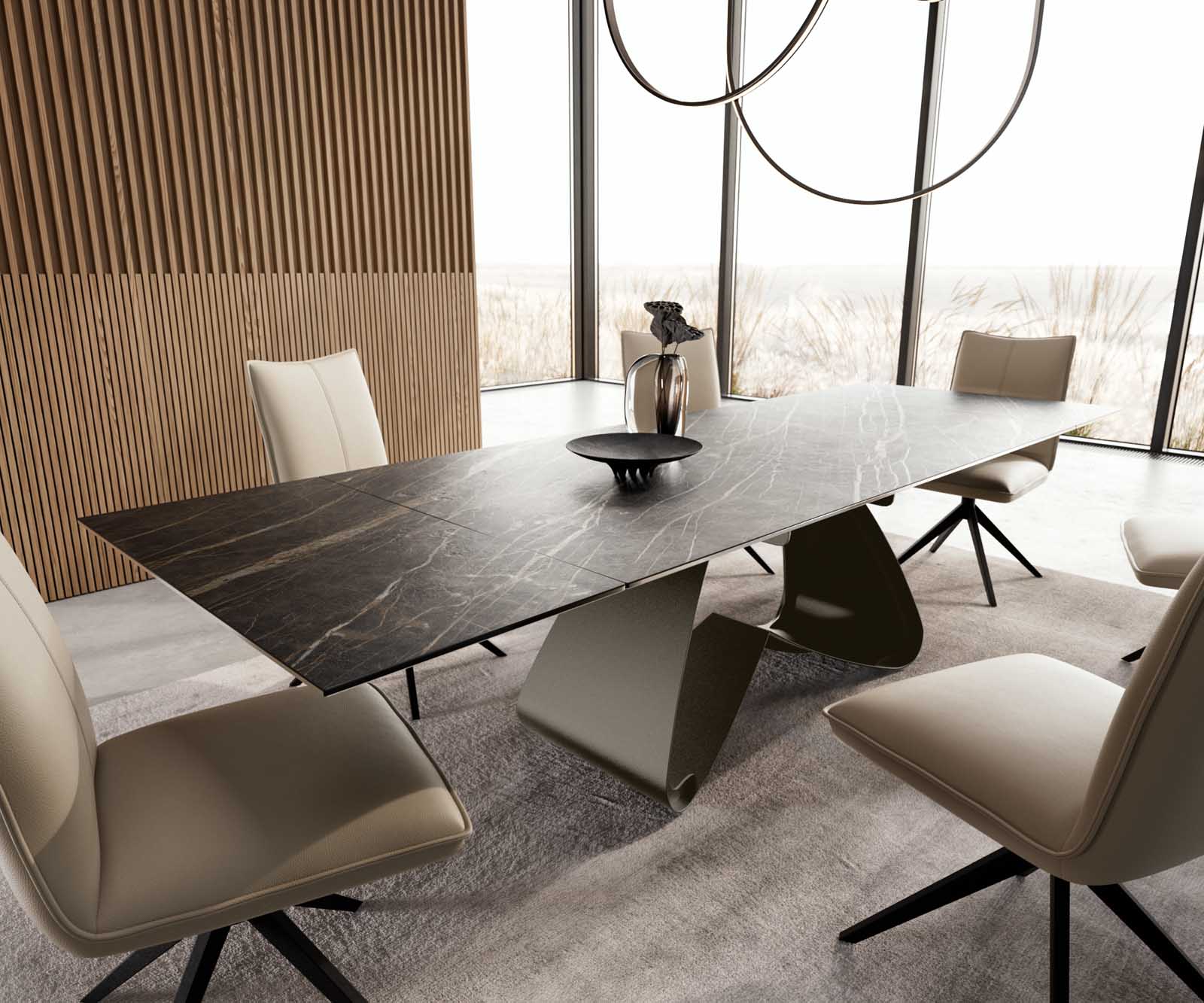 Разтегателна трапезна маса Edge 180-220х100 см Керамика Laminam®Noir Desir Кафяв W-образна основа Титаниев цвят 1