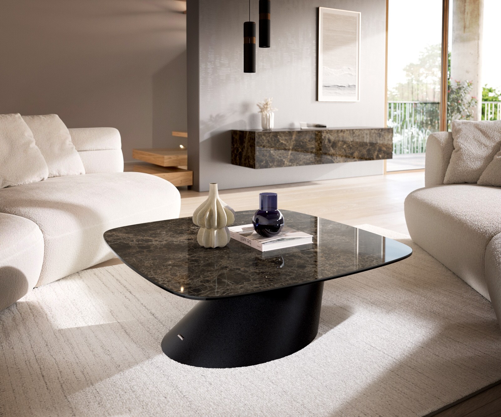 Масичка за кафе Edge Boot 90x90 cm керамика Laminam® Emperador Extra Lucidato Тъмно кафяво Conis Metal Black 1