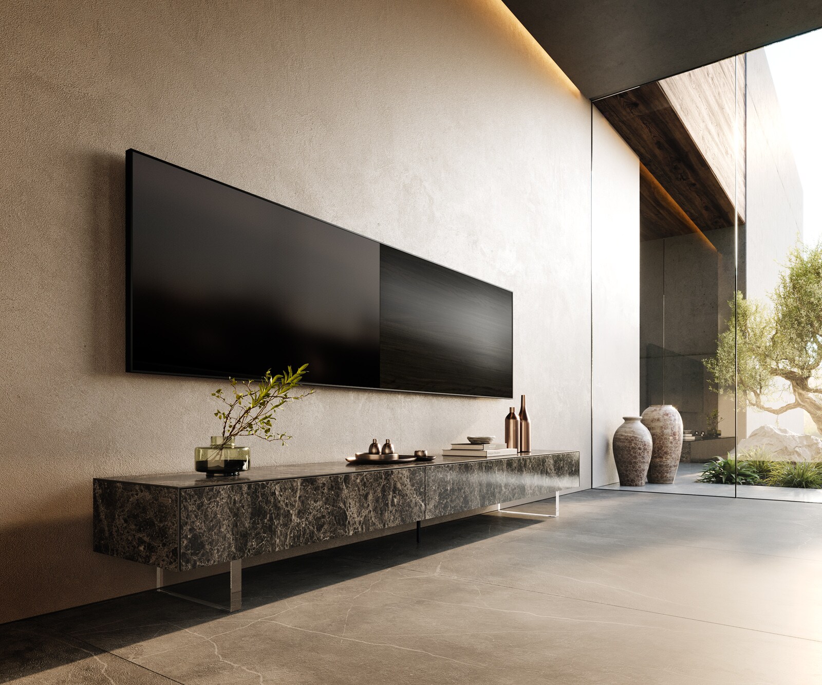 ТВ шкаф Cuor 250 см Керамика Laminam® Emperador Extra Lucidato Тъмно-кафяво 1 врата  1 чекмедже Основа Акрилно стъкло