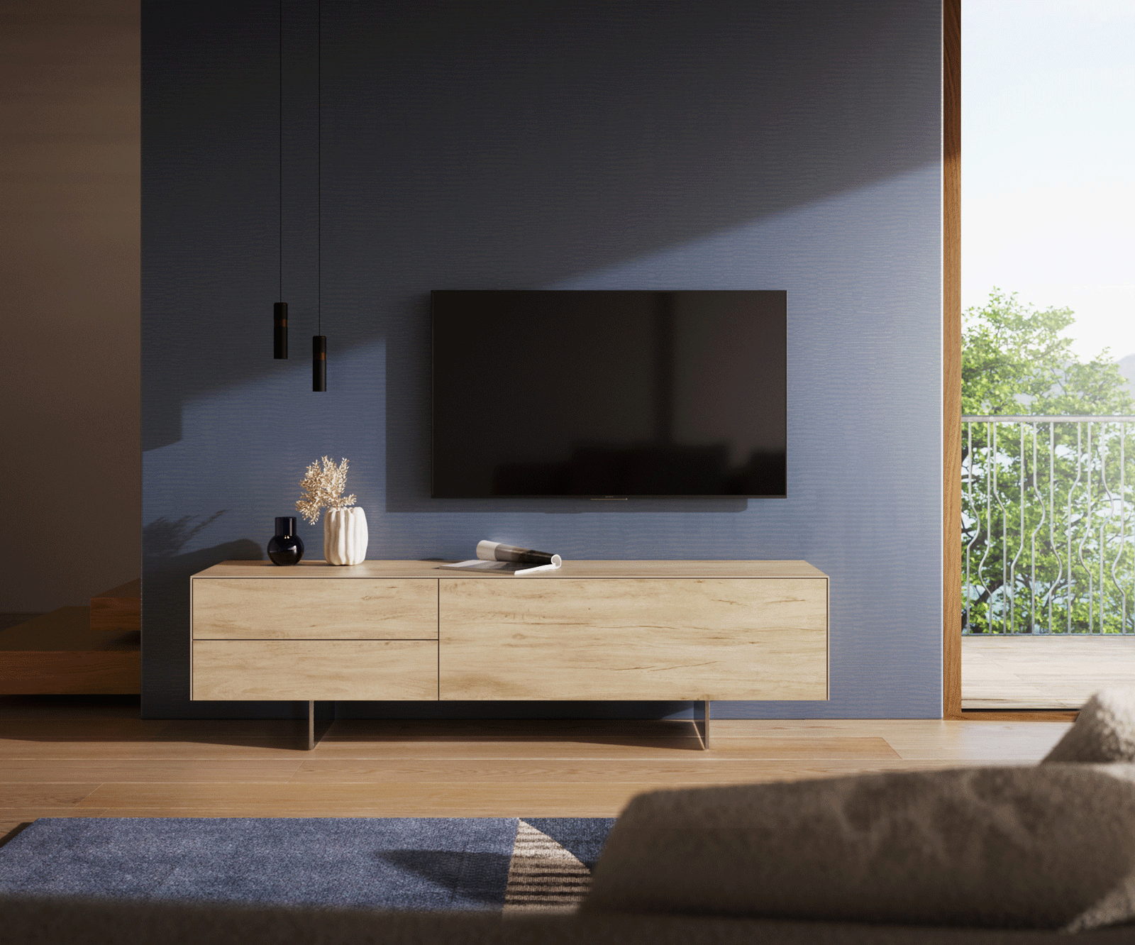ТВ шкаф Cuor 180 см Керамика Laminam® Sabbia Дъбов цвят 1 врата 2 чекмеджета Основа Неръждаема стомана 2