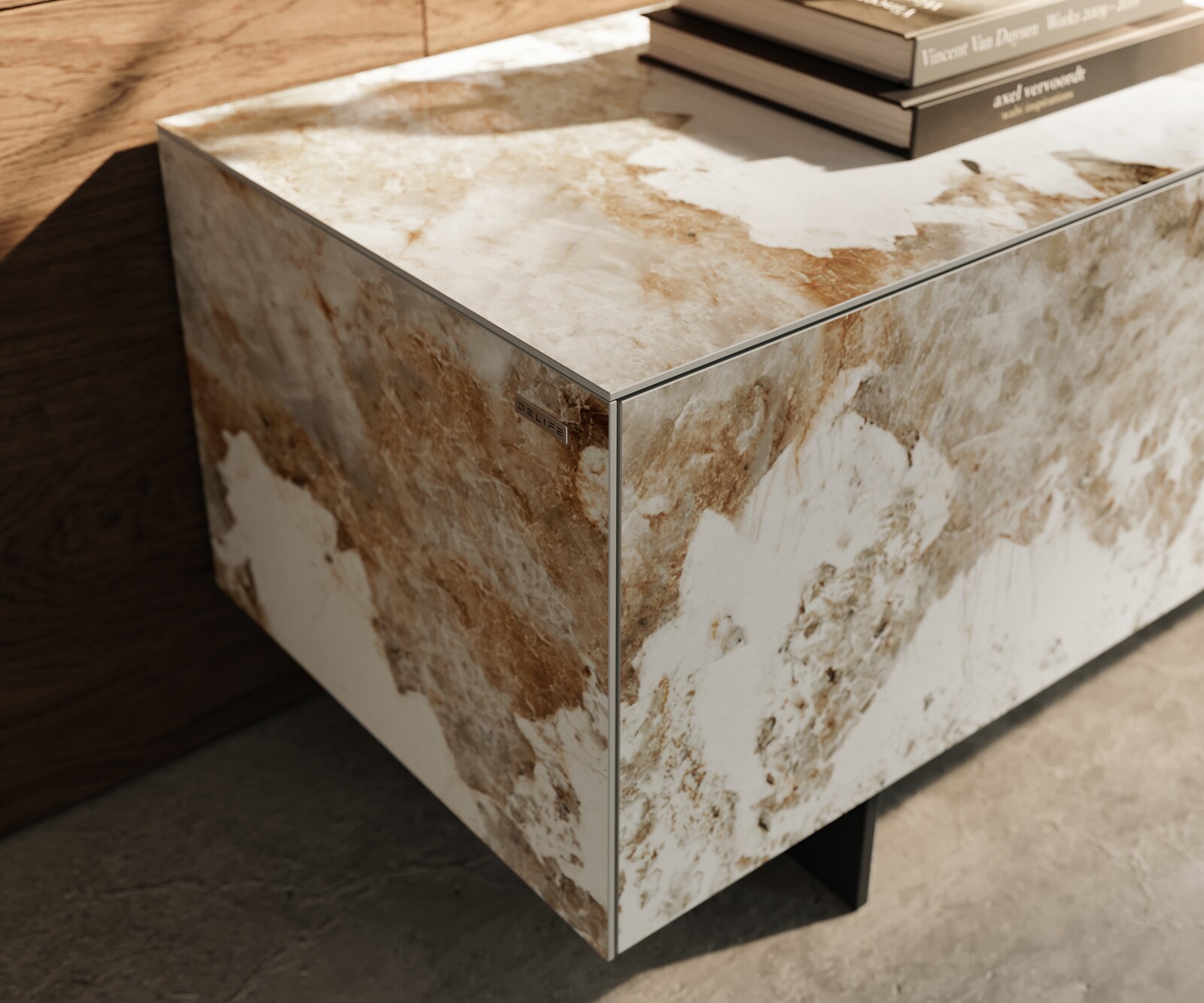 Ниска дъска Cuor 220 см Керамика Minas Melange Бяло-бежово 1 клапа 2 чекмеджета Основа Плаващ вид Метал Черно 6