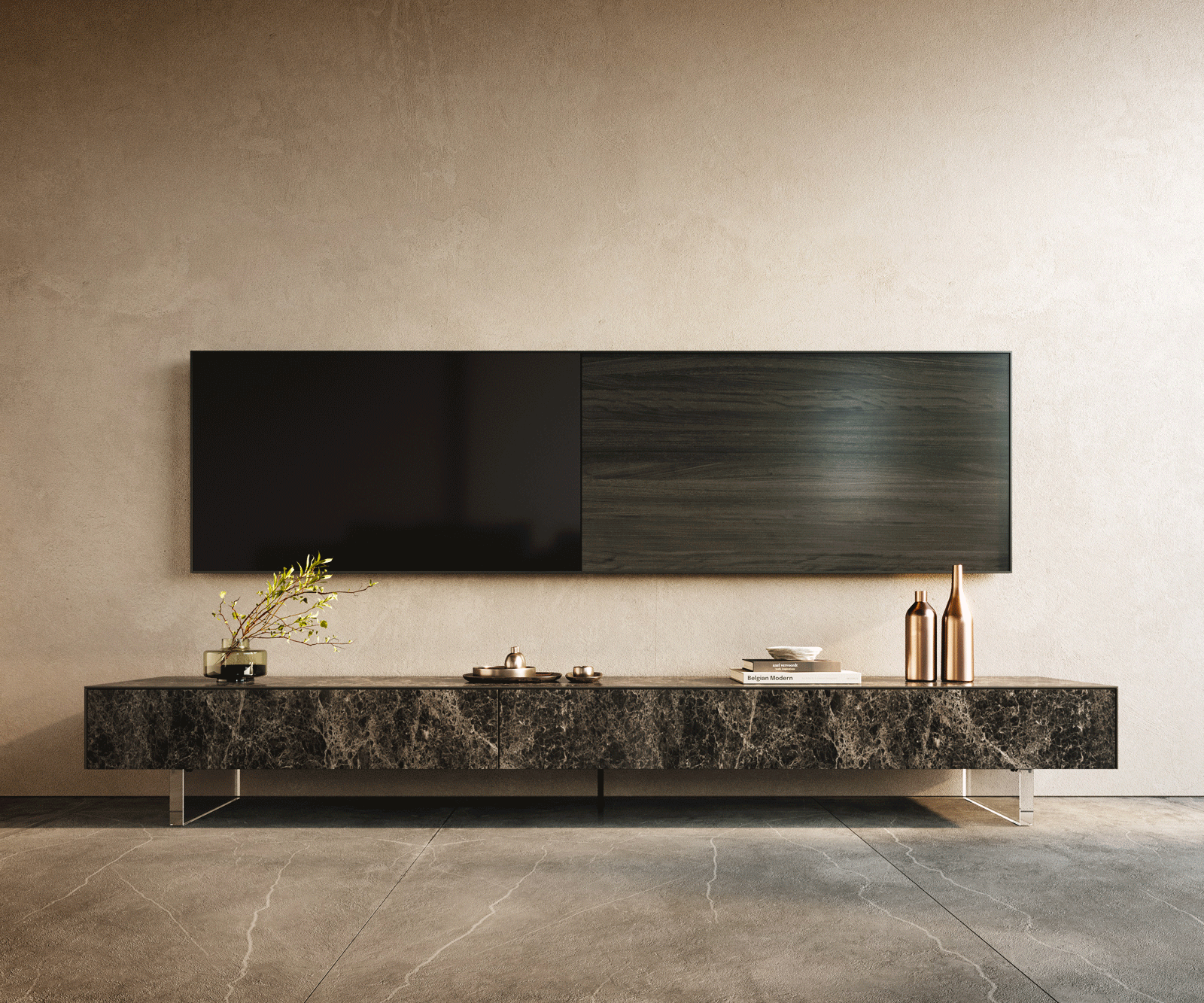 Ниска дъска Cuor 250 см Керамичен ламинат® Emperador Extra Lucidato Тъмно кафяво 1 капак 1 чекмедже Крак Плаващо акрилно стъкло 2