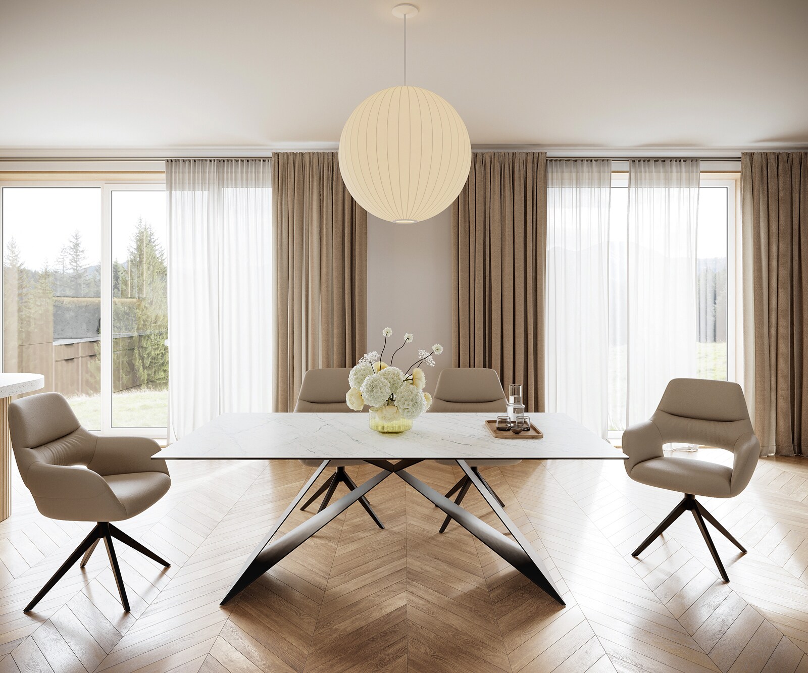 Маса 200x100cm Keramik Laminam®Statuarietto Бял V-среден крак Черен Edge 1