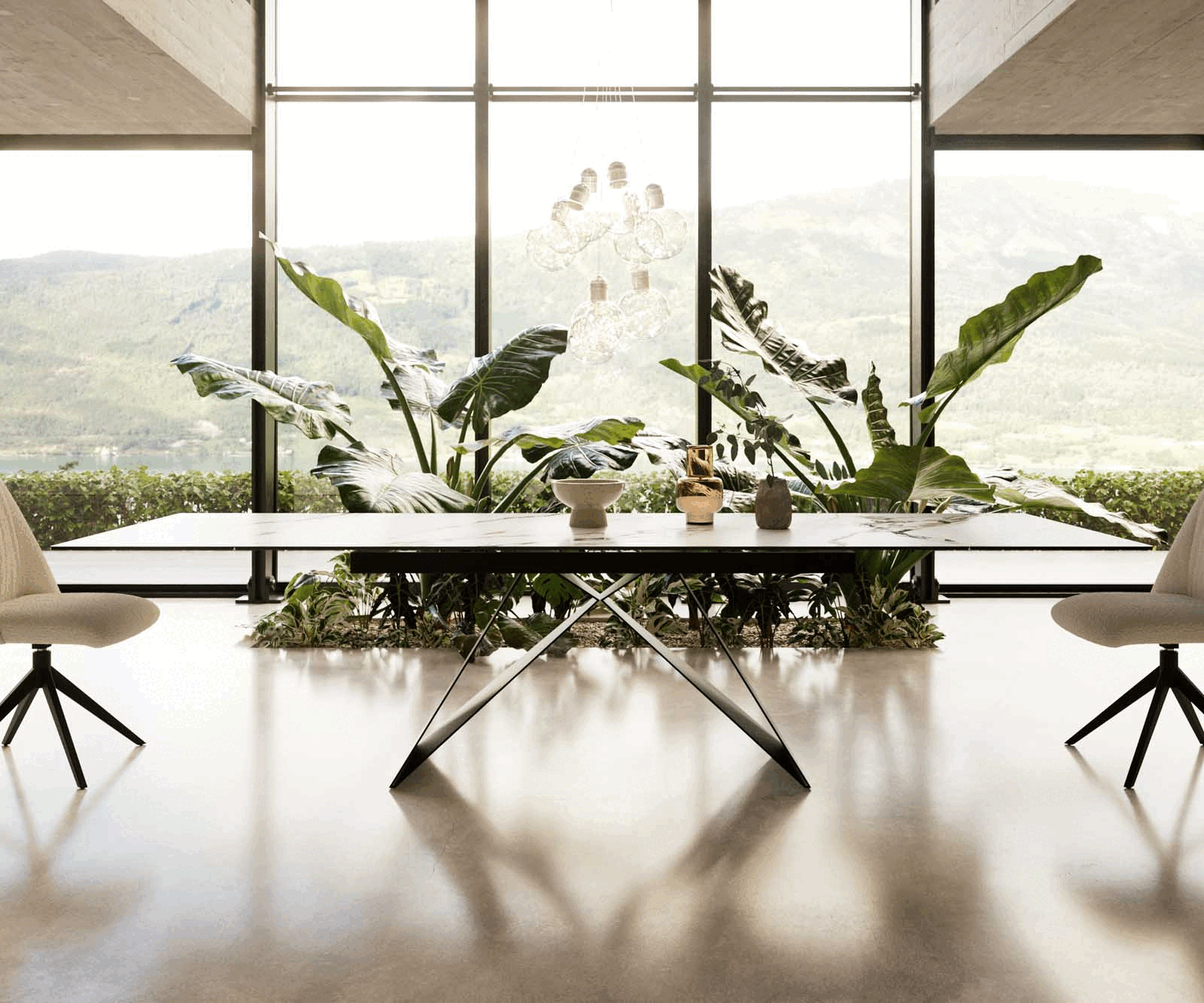 Разтегателна трапезна маса Edge 200-300x100 Керамика Calacatta Luxe Бял-Злато-Сив V-Основа плоска стомана Черен 1