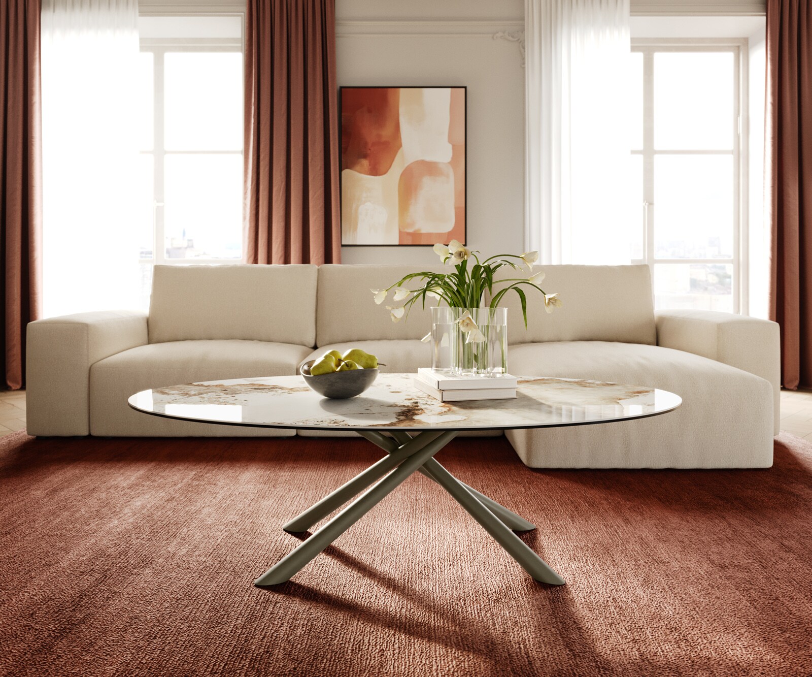 Масичка за кафе Edge Oval 140x80 cm керамика Minas Melange Sarity метален ефект покритие титан 2