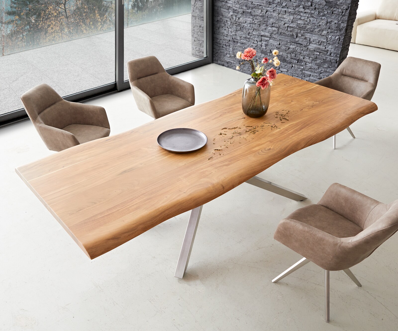 Трапезна маса Edge 260x100 XL от естествена акация, с кръстообразна рамка, правоъгълна, от неръждаема стомана, с естествени ръбове 3