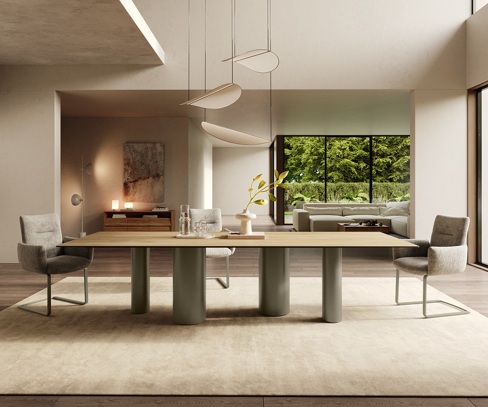 Трапезна маса Edge 300x100, керамика Laminam „®“, цвят „Sabbia“ (дъбов), метални колони с титанов ефект 1